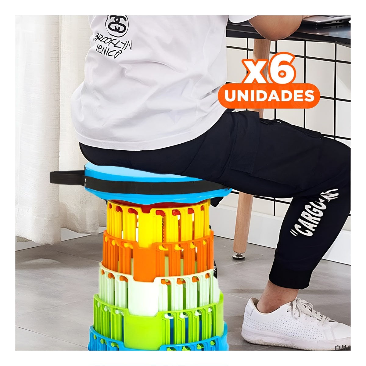 PACK6 BANQUETA COMPACTA PLEGABLE CON 2 SEGUROS PRACTICOS TAPA CELESTE MULTICOLOR Y+PAPEL REGALO - 1