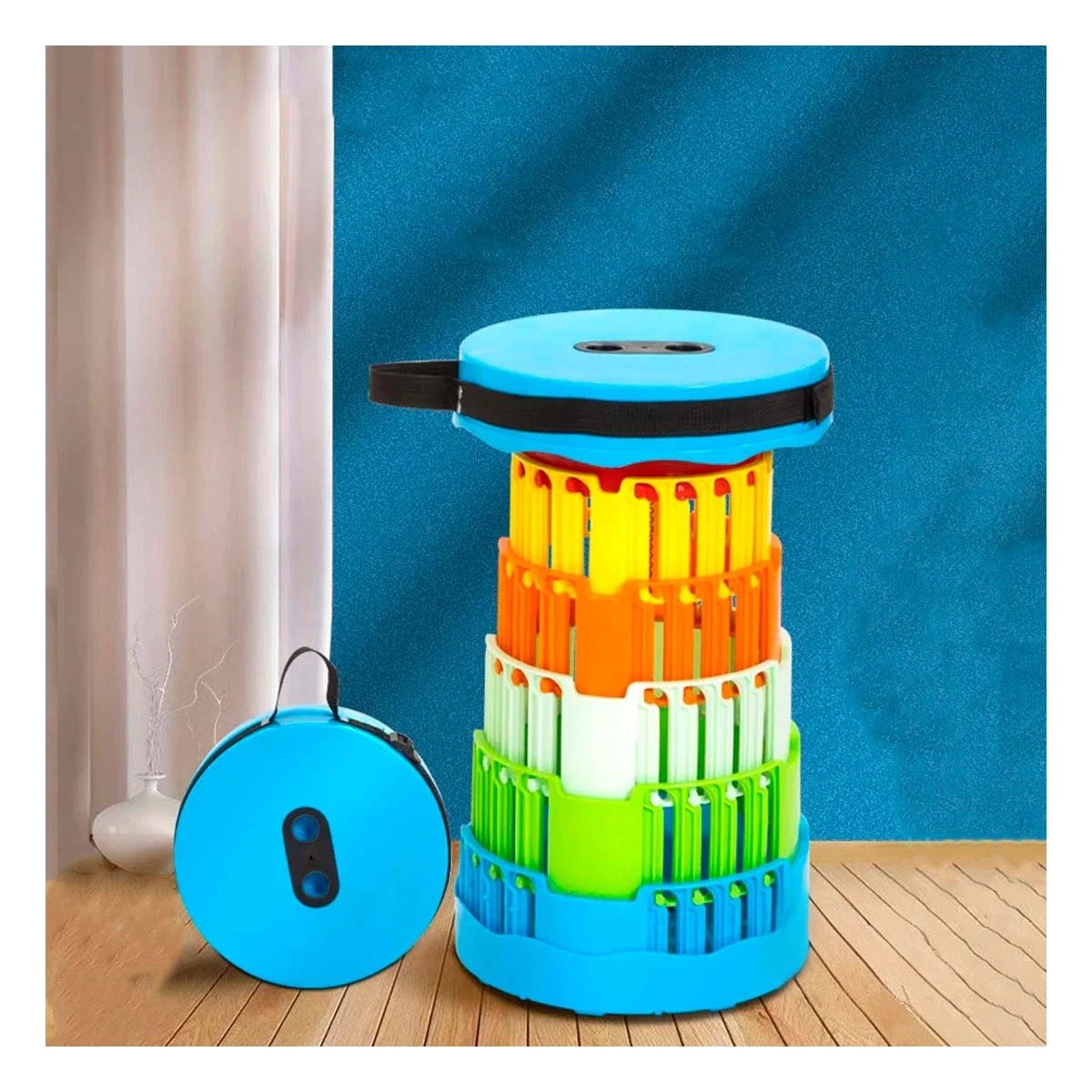 PACK6 BANQUETA COMPACTA PLEGABLE CON 2 SEGUROS PRACTICOS TAPA CELESTE MULTICOLOR Y+PAPEL REGALO - 2