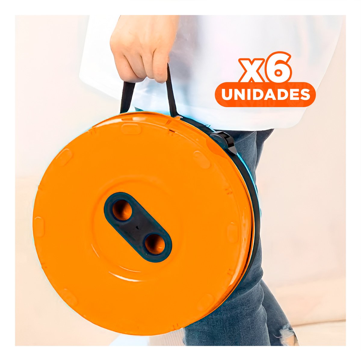 PACK6 TABURETE FUNCIONAL PLEGABLE 2 SEGUROS PORTATILES TONO NARANJA BASE NEGRA Y+PAPEL REGALO - 1
