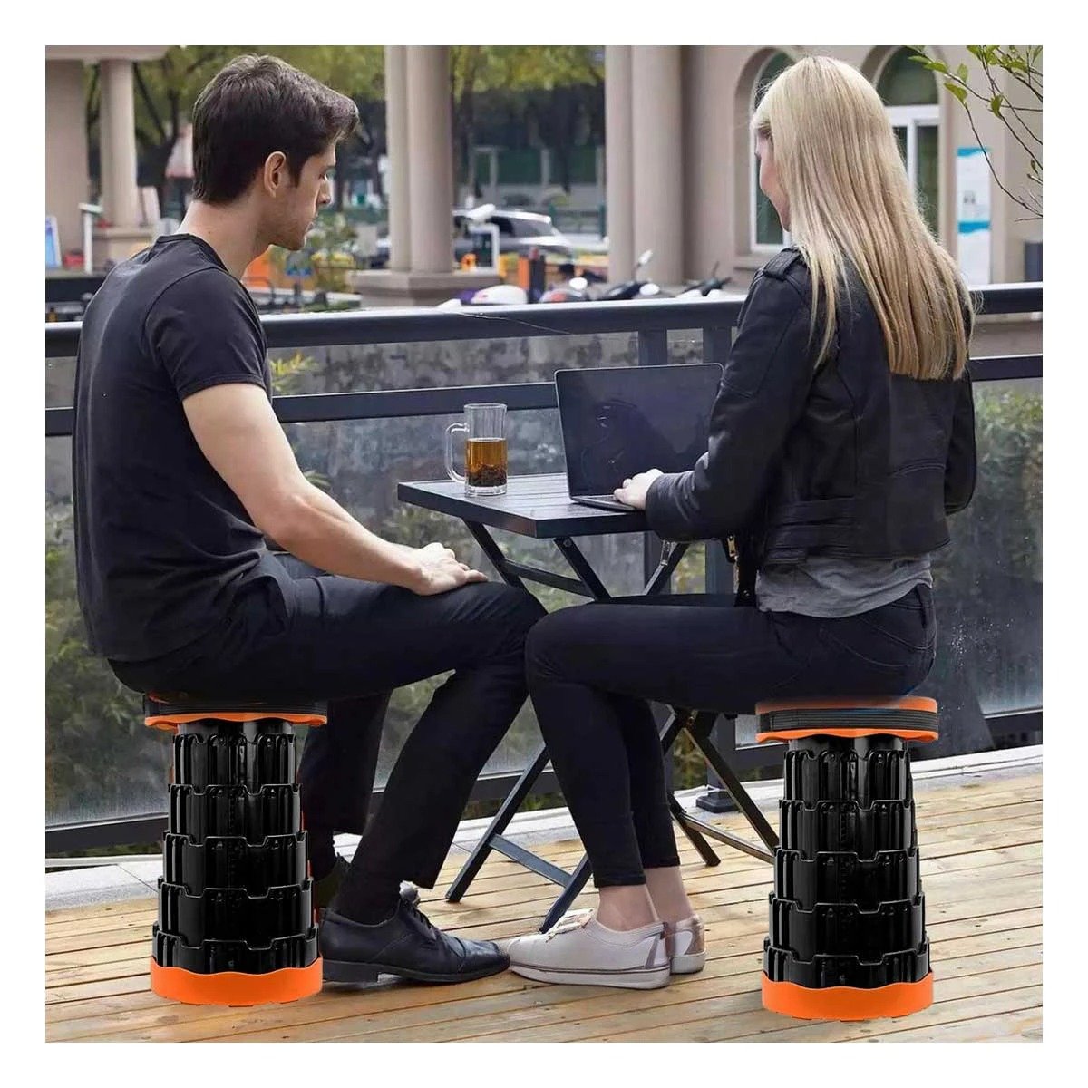 PACK6 TABURETE FUNCIONAL PLEGABLE 2 SEGUROS PORTATILES TONO NARANJA BASE NEGRA Y+PAPEL REGALO - 2