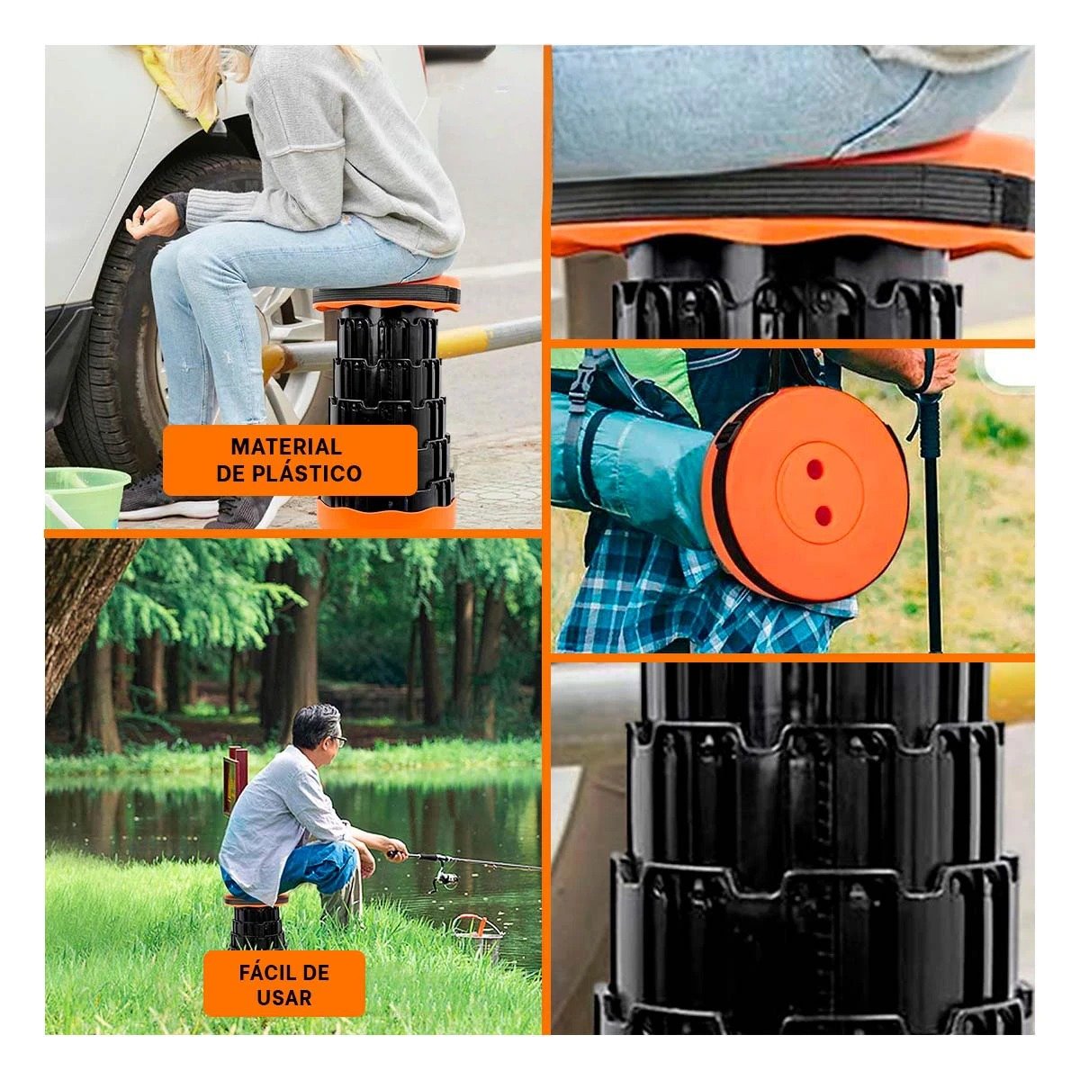 PACK6 TABURETE FUNCIONAL PLEGABLE 2 SEGUROS PORTATILES TONO NARANJA BASE NEGRA Y+PAPEL REGALO - 3