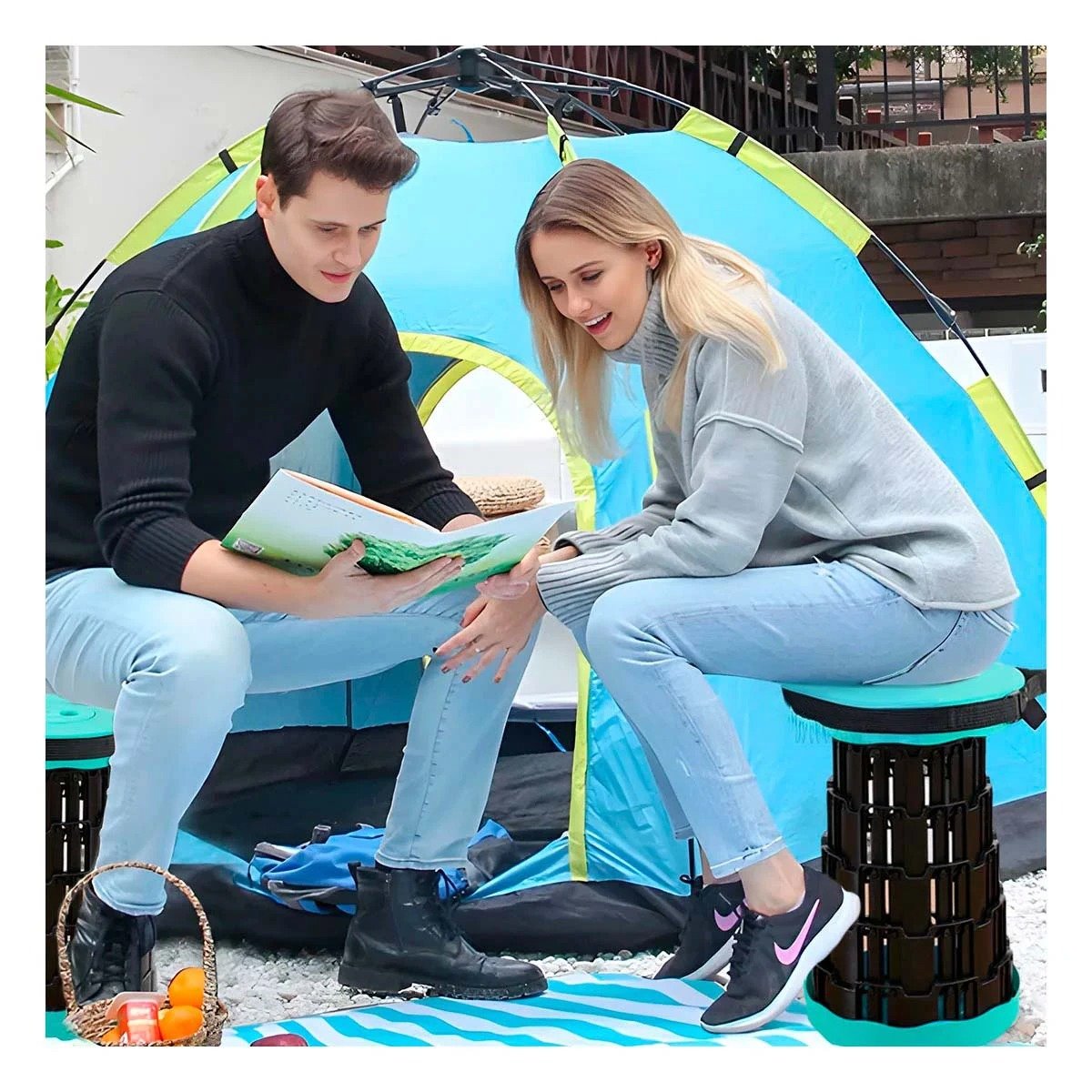 ASIENTO PLEGABLE PORTATIL CON DOBLE SEGURO Y TAPA TURQUEZA CENTRO NEGRO HOGAR Y+PAPEL REGALO - 1