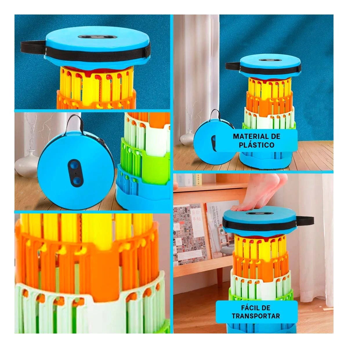 ASIENTO PLEGABLE PORTATIL CON 2 SEGUROS PRACTICOS PARA HOGAR TAPA CELESTE MULTICOLOR - 2