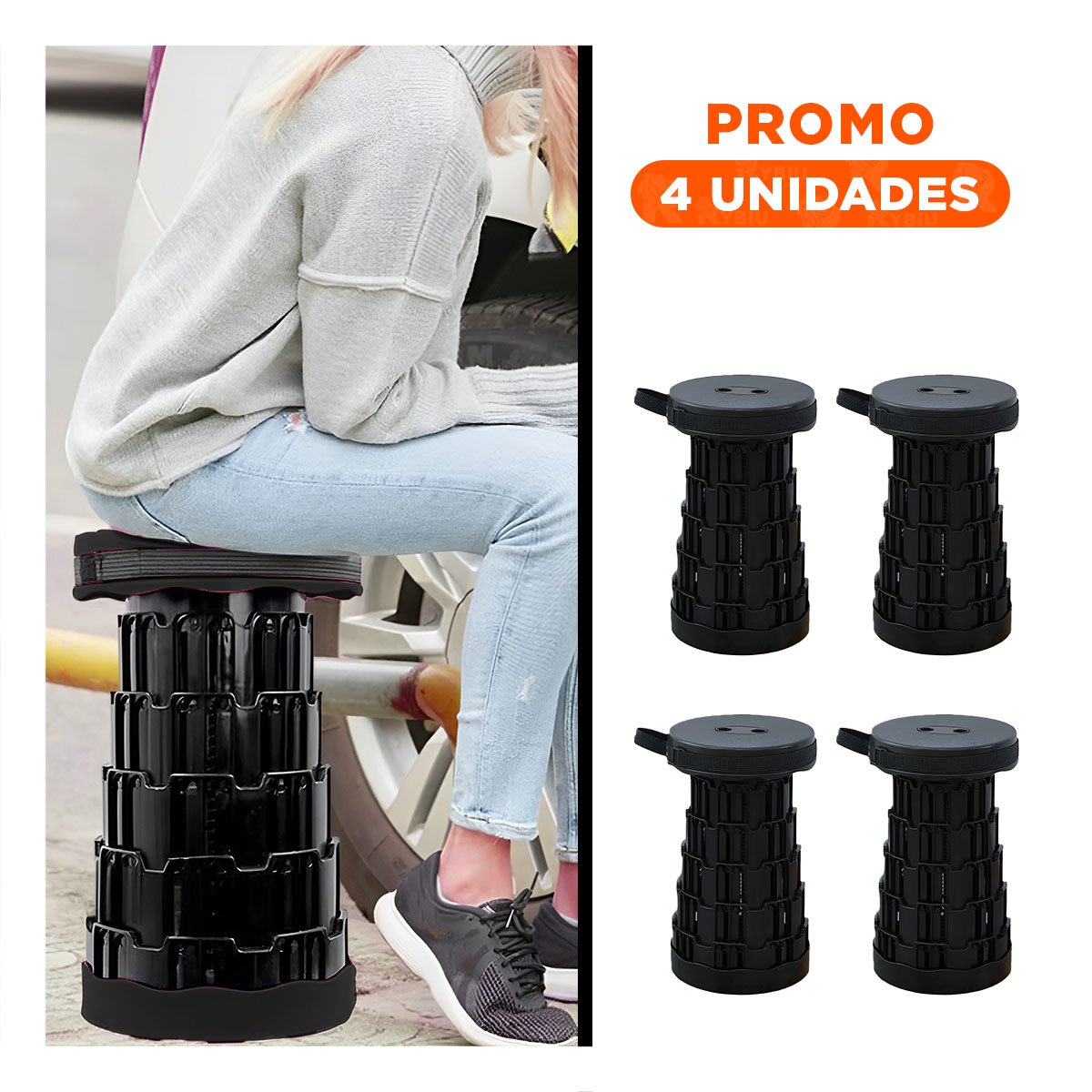 PACK4 BANCO PORTATIL PLEGABLE TODO NEGRO CON DOBLE SEGURO PARA USO DIARIO EN CASA - 1