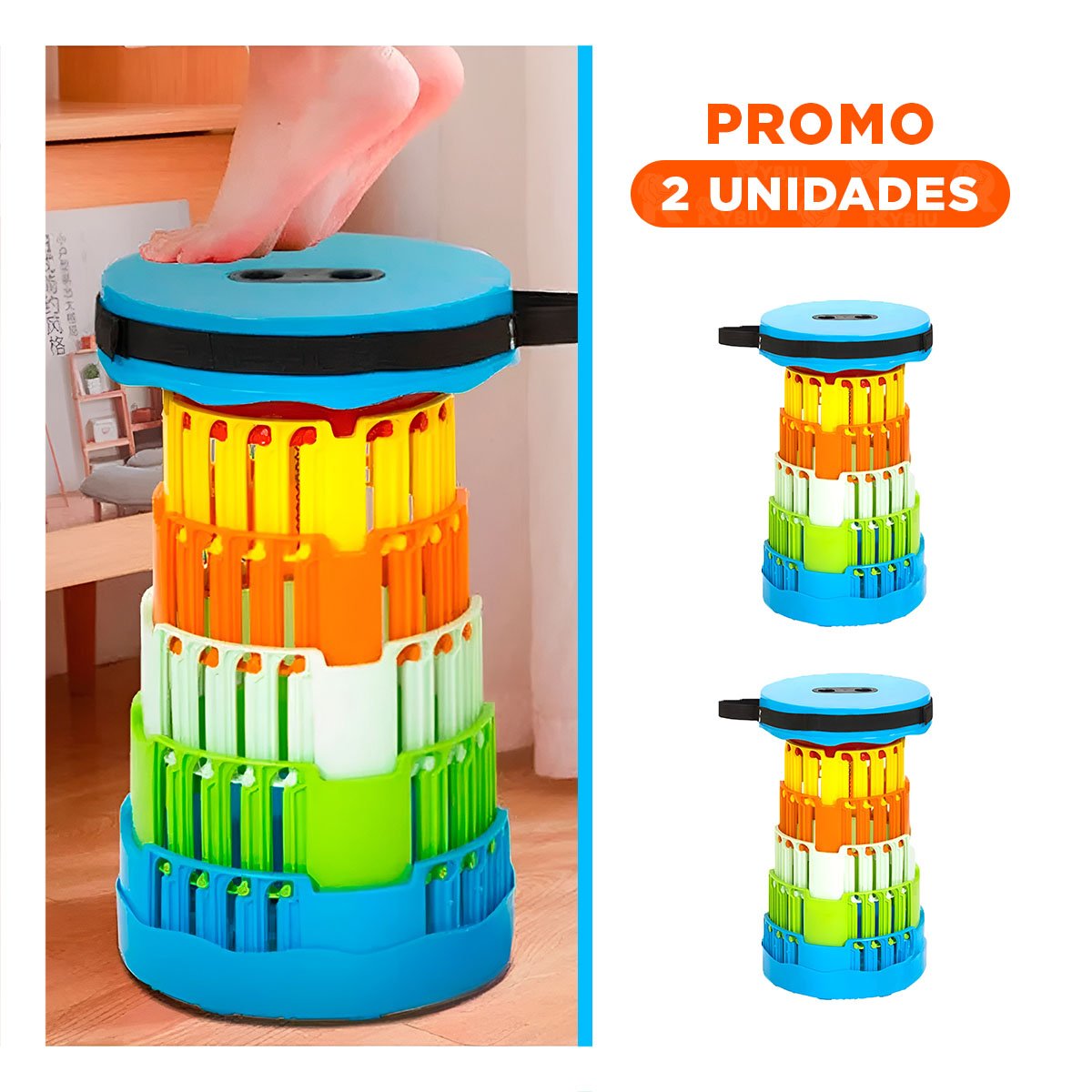 PACK2 BANQUETA PORTATIL CON 2 SEGUROS RESISTENTES TAPA CELESTE MULTICOLOR Y+REGALO STICKER - 1