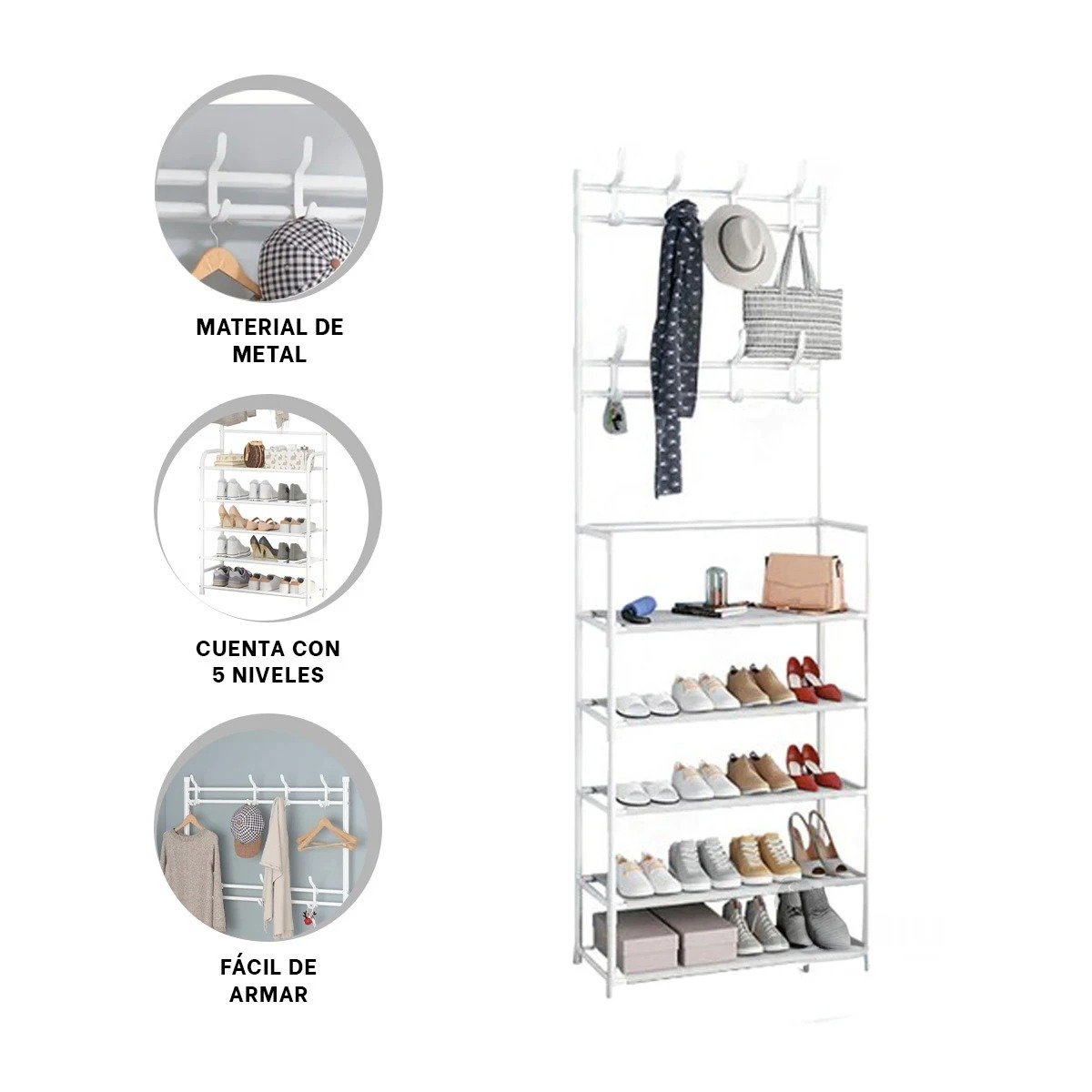 ZAPATERA ORGANIZADORA VERTICAL CON PERCHEROS FACIL DE COLOCAR 5 NIVELES BLANCO Y+PAPEL REGALO - 5