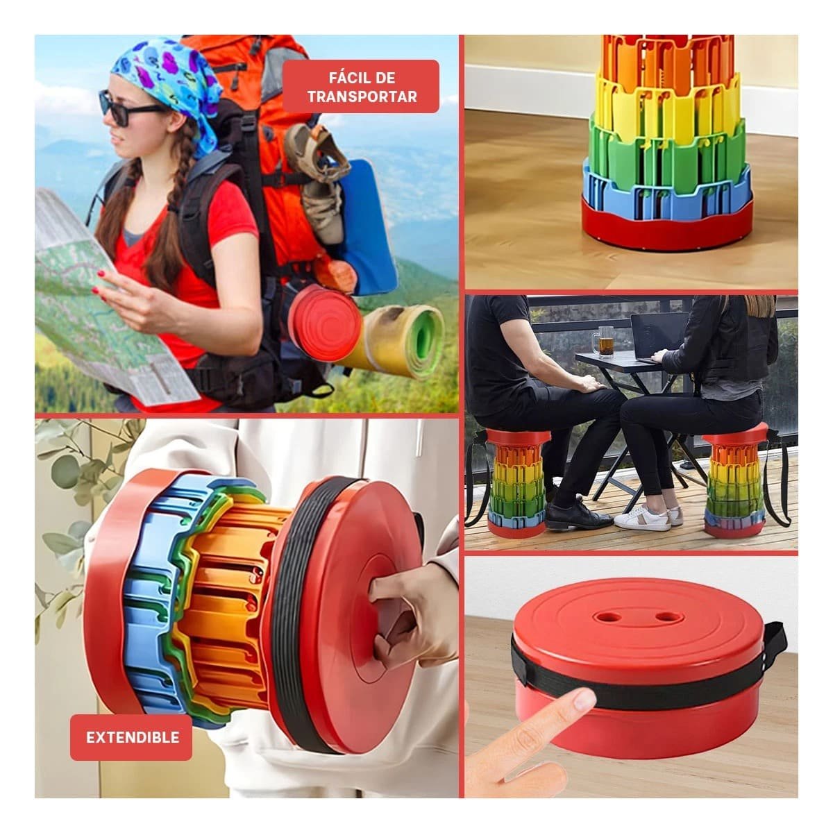 PACK2 BANCO PLEGABLE PORTATIL CON SEGUROS CON TAPA ROJO CENTRO MULTICOLOR Y+PAPEL REGALO - 3
