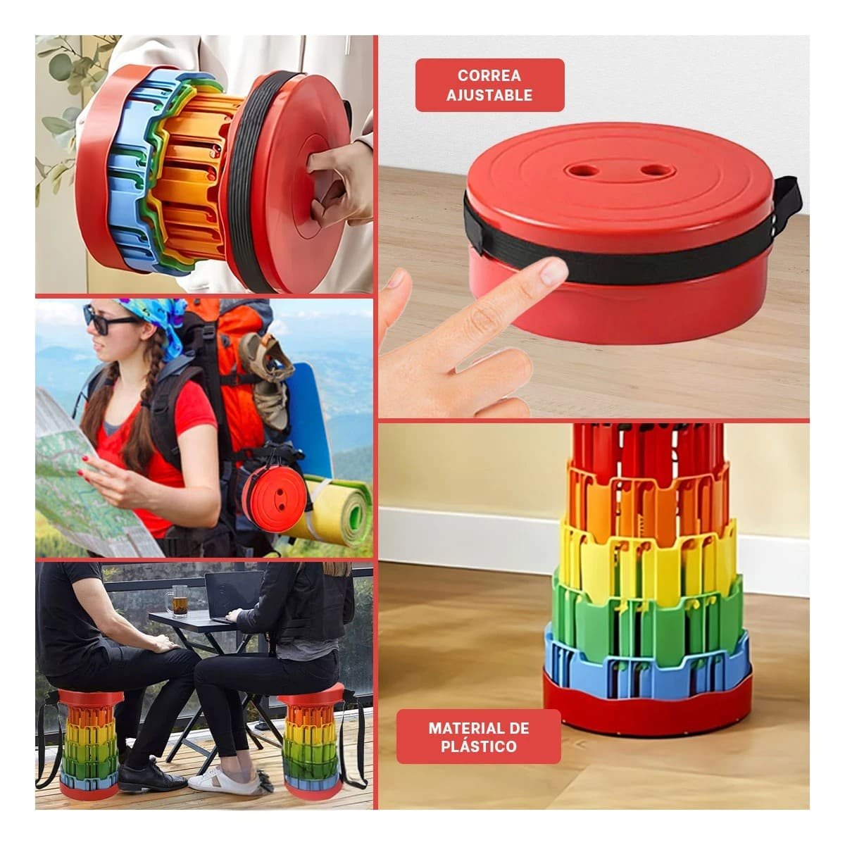 TABURETE PLEGABLE PORTATIL CON SEGUROS PARA HOGAR CON TAPA ROJO CENTRO MULTICOLOR Y+POST IT - 2