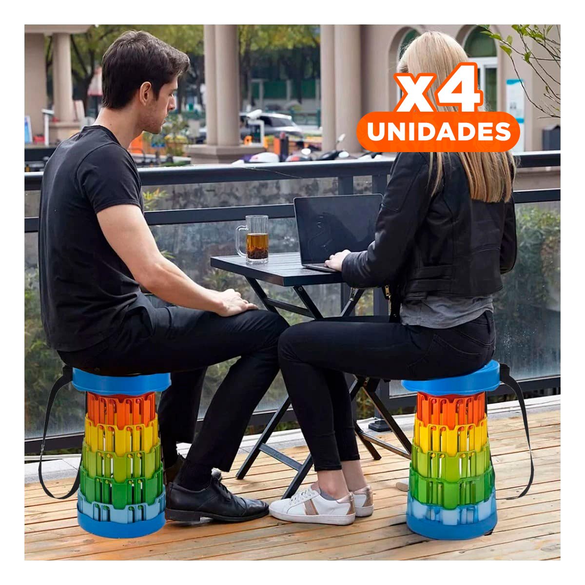 PACK4 TABURETE PLEGABLE SEGURO PORTATIL PARA CASA Y EVENTOS TAPA AZUL MULTICOLOR Y+PAPEL REGALO - 1