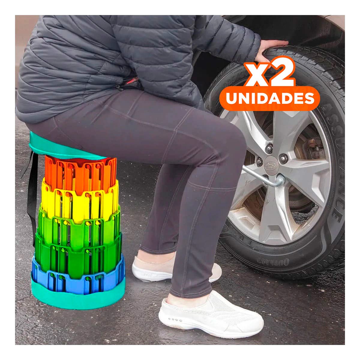 PACK2 ASIENTO PLEGABLE CON SEGURO FIRME PORTATIL TAPA VERDE CENTRO MULTICOLOR Y+PAPEL REGALO - 1