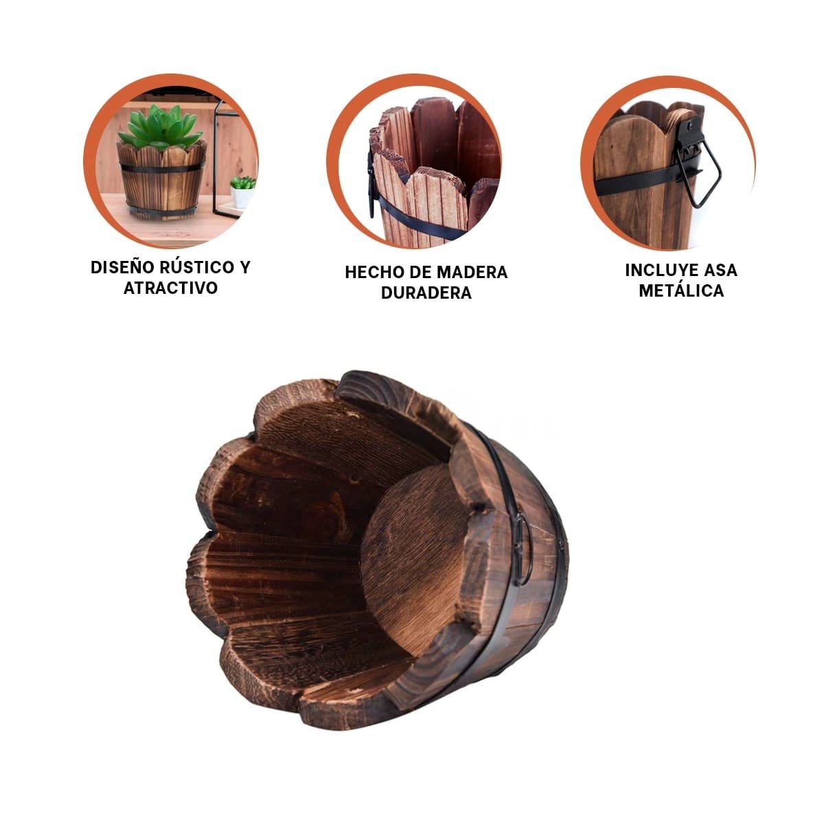 JARDINERA DE MADERA BARRIL CON BORDE ONDEADO PARA DECORACION DE CASA MARRON Y+PAPEL REGALO - 5