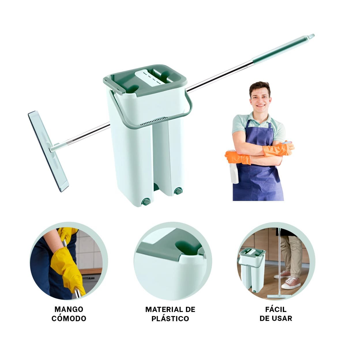 TRAPEADOR GIRATORIO CON BALDE CENTRIFUGADOR PARA LIMPIEZA DE HOGAR VERDE AGUA Y+PAPEL REGALO - 5