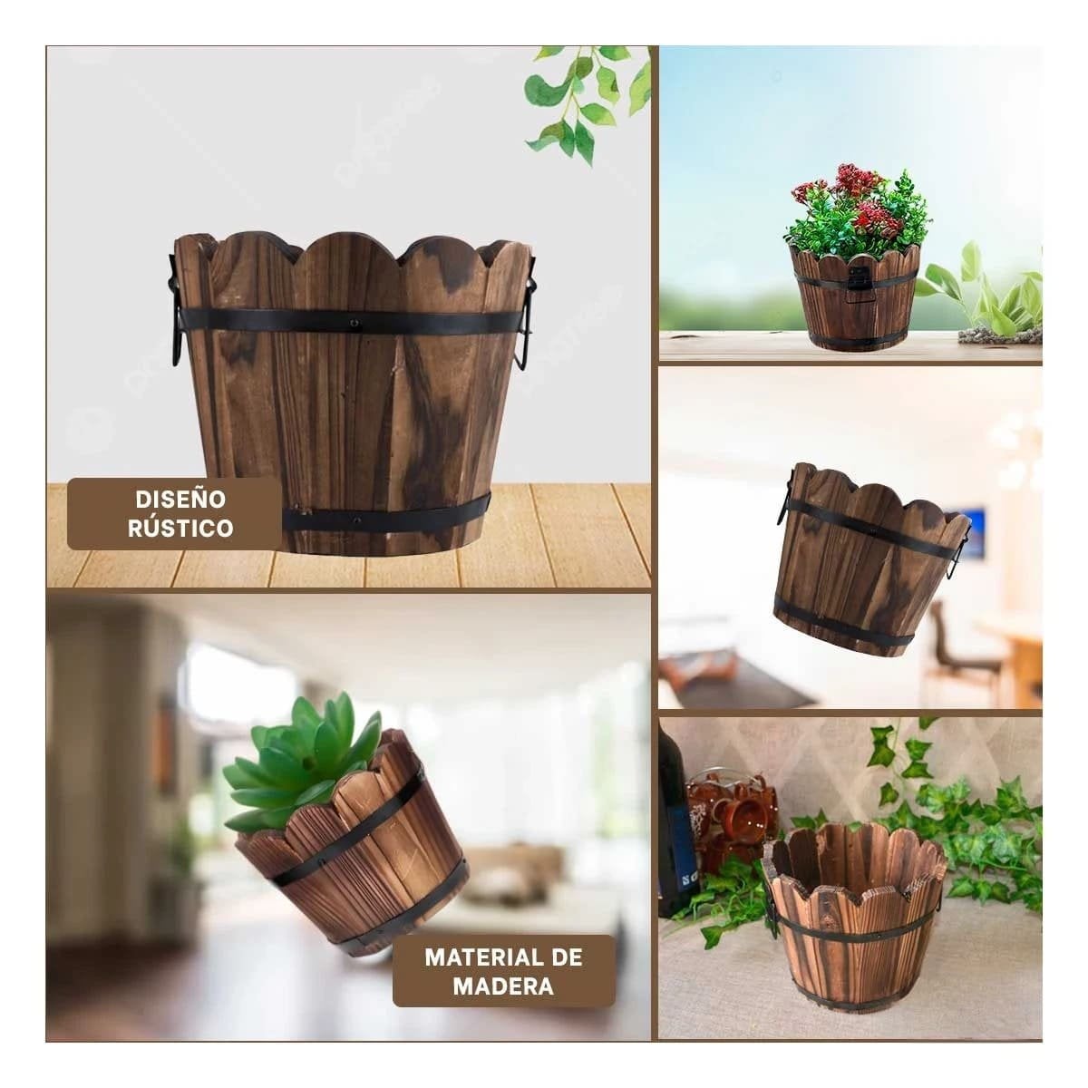 PACK4 CONTENEDOR DE MADERA NATURAL TIPO BARRIL CON BORDE ONDEADO MARRON Y+REGALO STICKER - 2