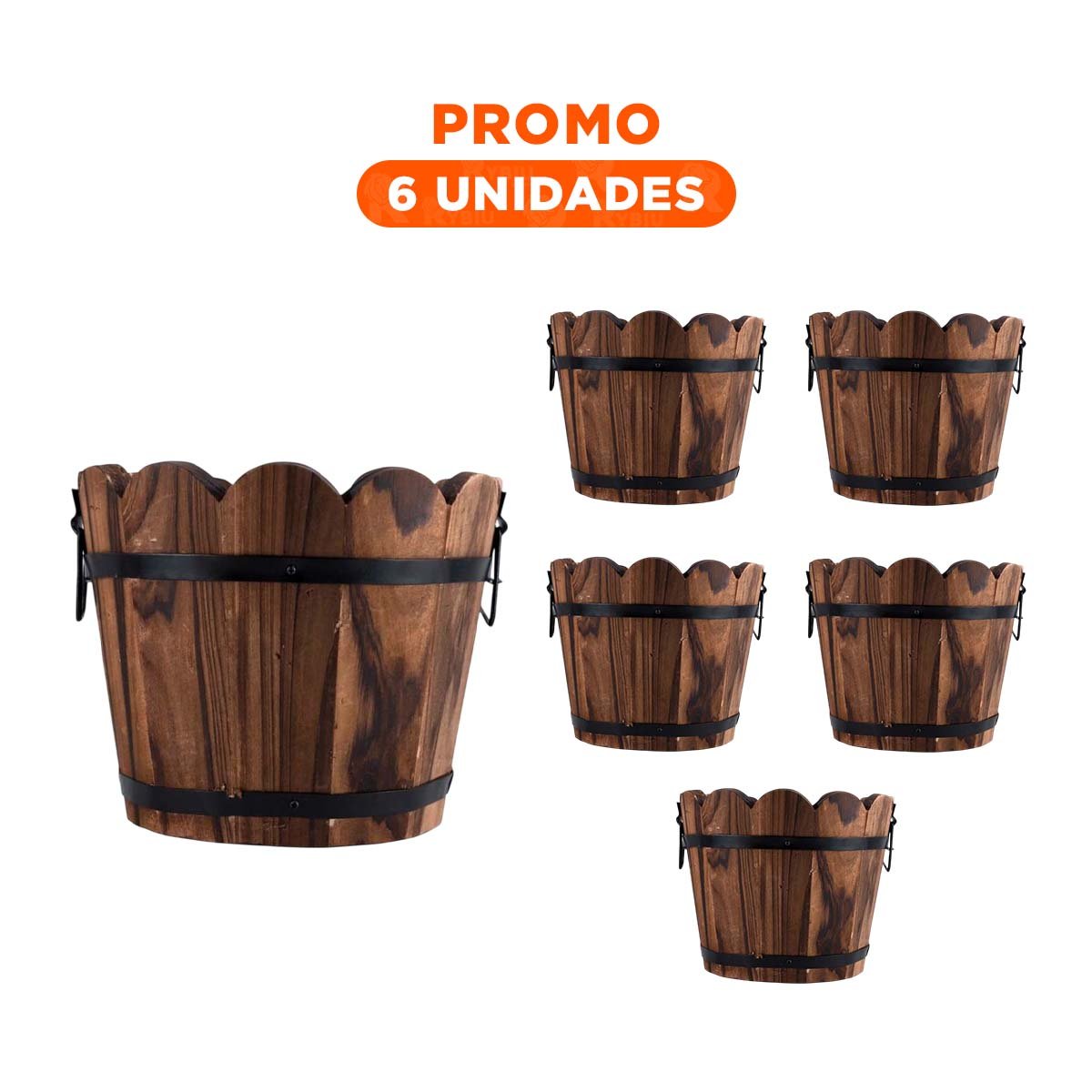 PACK6 JARDINERA PARA DECORACION DE CASA EN MADERA TIPO BARRIL MARRON Y+REGALO STICKER - 1