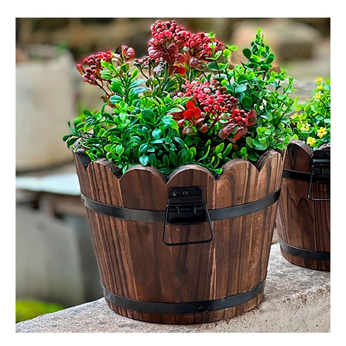 PACK6 JARDINERA PARA DECORACION DE CASA EN MADERA TIPO BARRIL MARRON Y+REGALO STICKER - 5