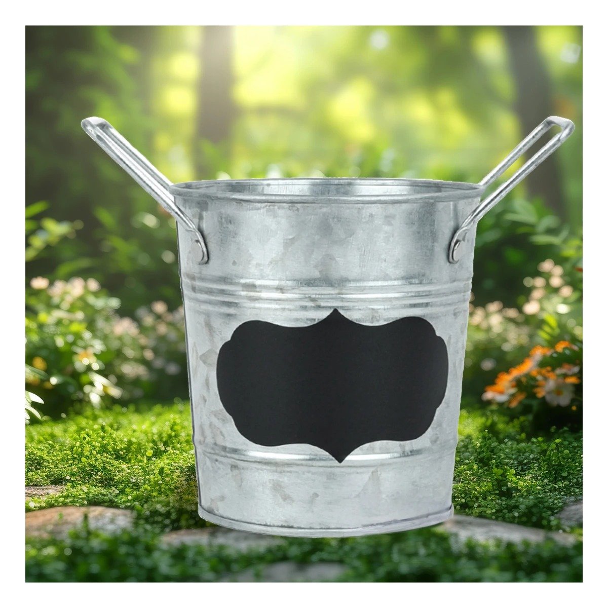 RECIPIENTE CUBO DE METAL CON DOBLE AGARRADERA Y CUADRO PARA NOTA PLATEADO Y+PAPEL REGALO - 2