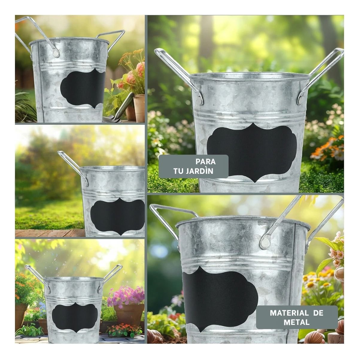 RECIPIENTE CUBO DE METAL CON DOBLE AGARRADERA Y CUADRO PARA NOTA PLATEADO Y+PAPEL REGALO - 3