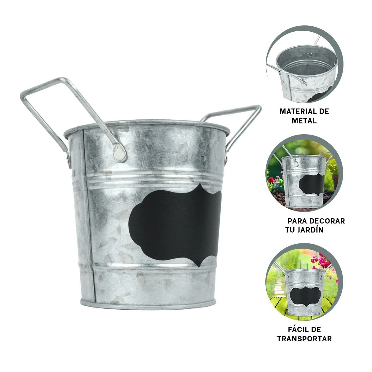 RECIPIENTE CUBO DE METAL CON DOBLE AGARRADERA Y CUADRO PARA NOTA PLATEADO Y+PAPEL REGALO - 5