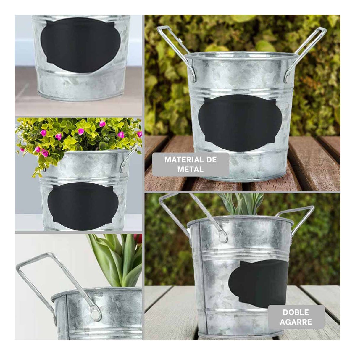 JARRON CUBO DE METAL CON DOBLE AGARRADERA Y CUADRO PARA NOTA DE METAL PLATEADO Y+LIGAS REGALO - 1
