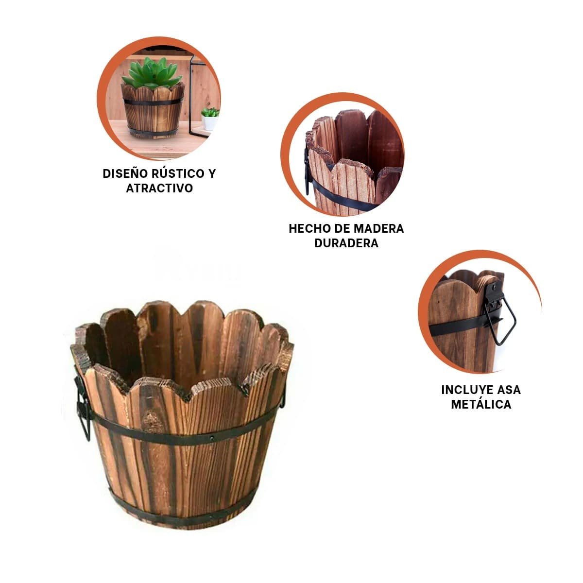 PORTAMACETAS DE MADERA ESTILO BARRIL CON BORDE ONDEADO PARA INTERIOR MARRON Y+POST IT - 5