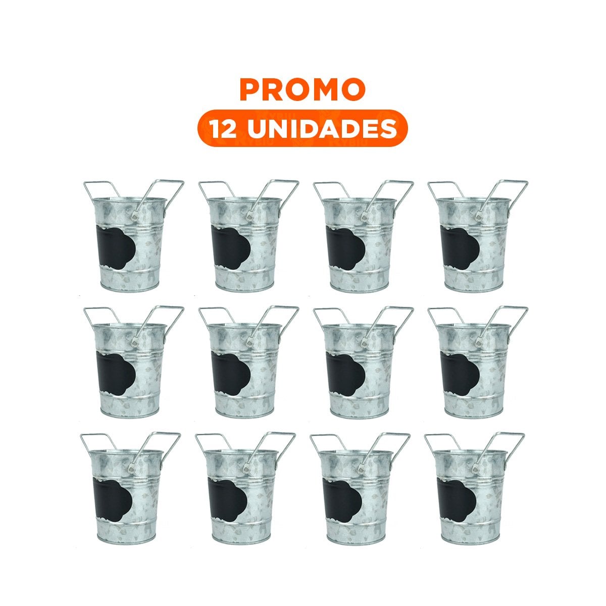 PACK12 RECIPIENTE CUADRADO DE ZINC PLATA CON DOBLE ASA Y CUADRO PARA MENSAJES - 1