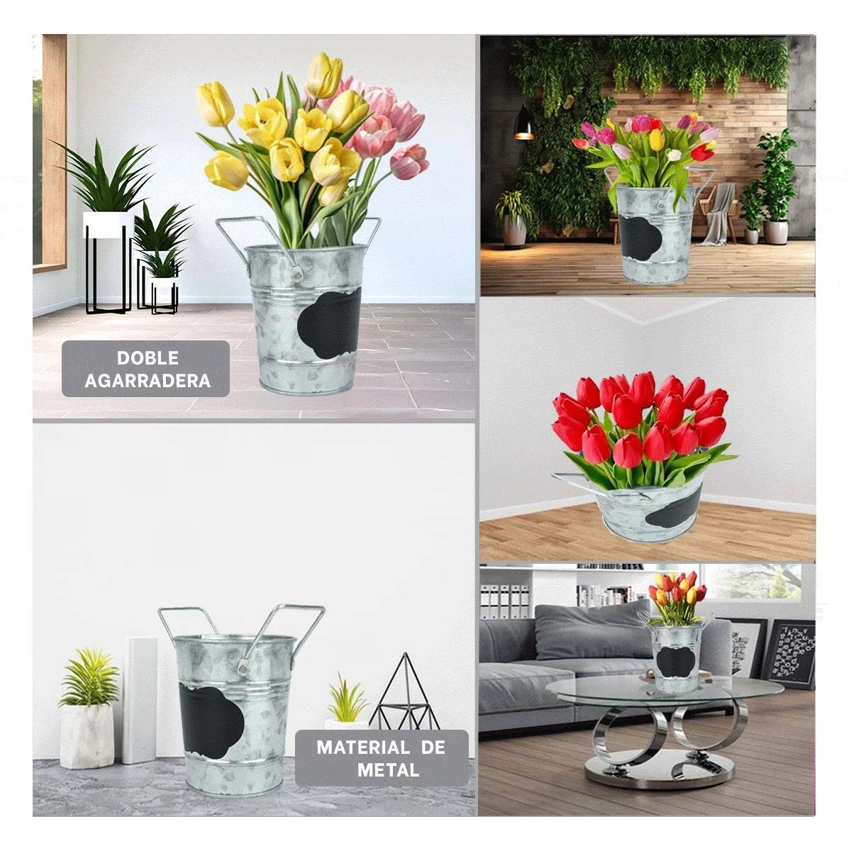 RECIPIENTE CUBO METALICO COLOR PLATA CON DOBLE AGARRADERA Y NOTA DE NUBE Y+PAPEL REGALO - 3