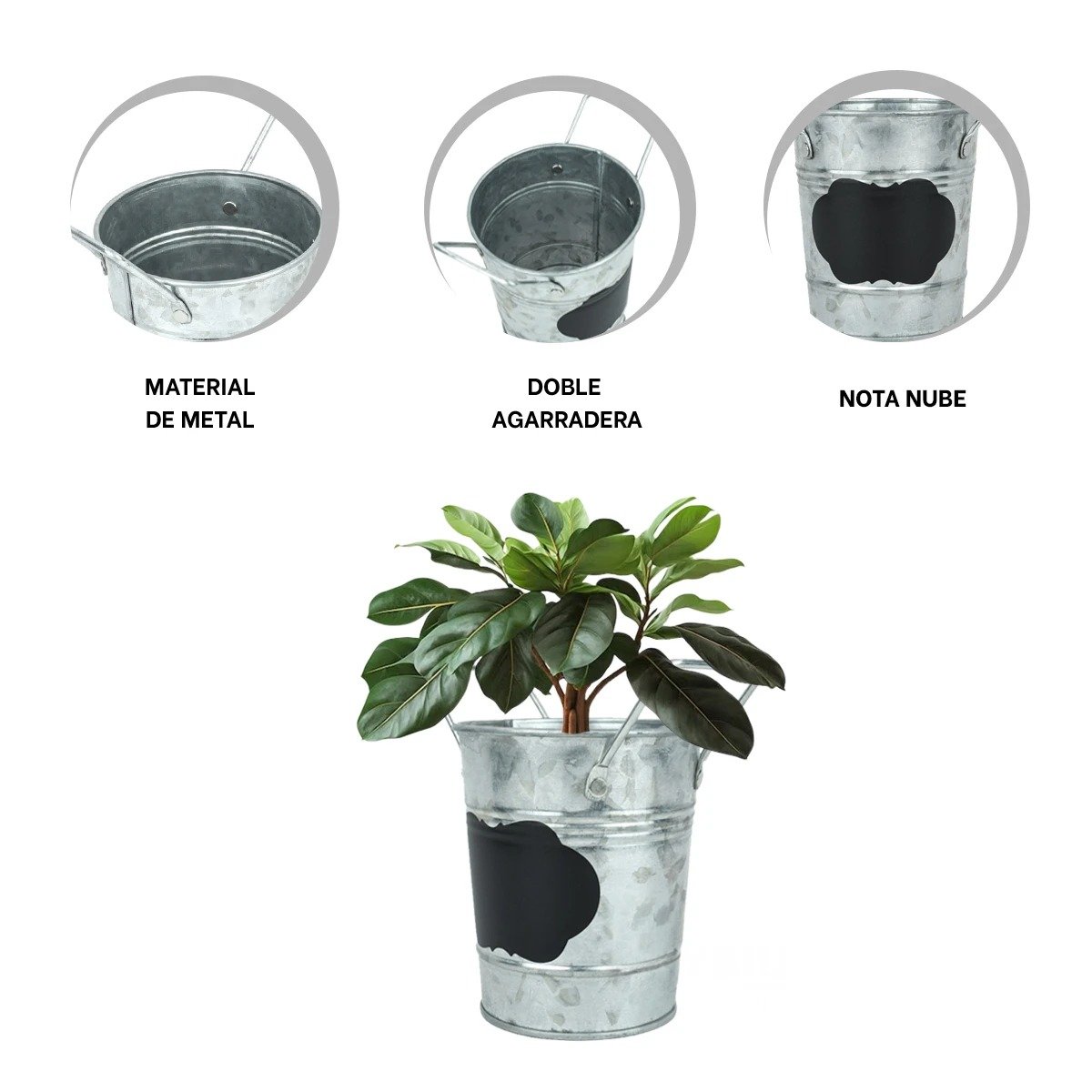 RECIPIENTE CUBO METALICO COLOR PLATA CON DOBLE AGARRADERA Y NOTA DE NUBE Y+PAPEL REGALO - 5