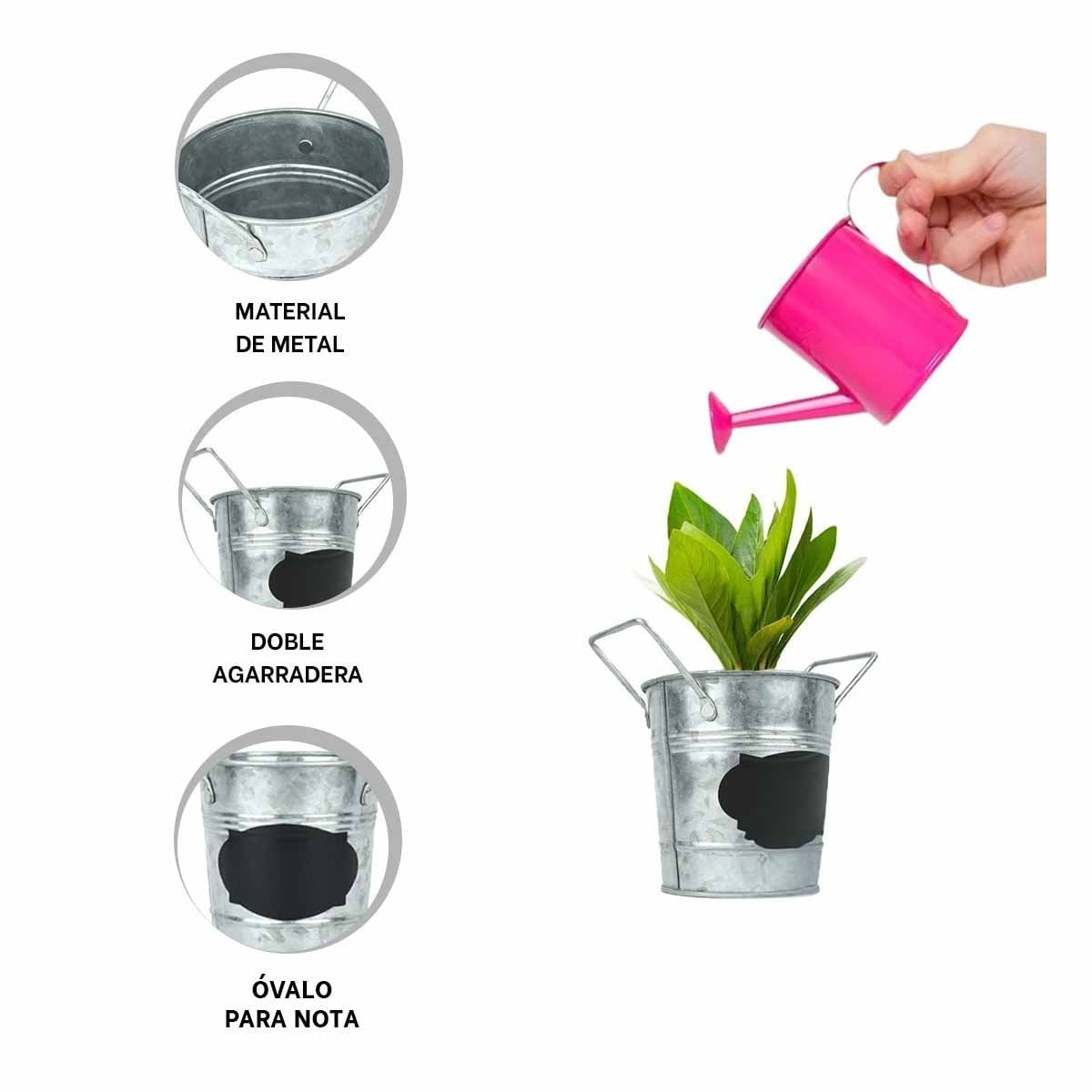 RECIPIENTE CUBO DE METAL CON DOBLE AGARRADERA Y CUADRO PARA NOTA PLATEADO Y+PAPEL REGALO - 5