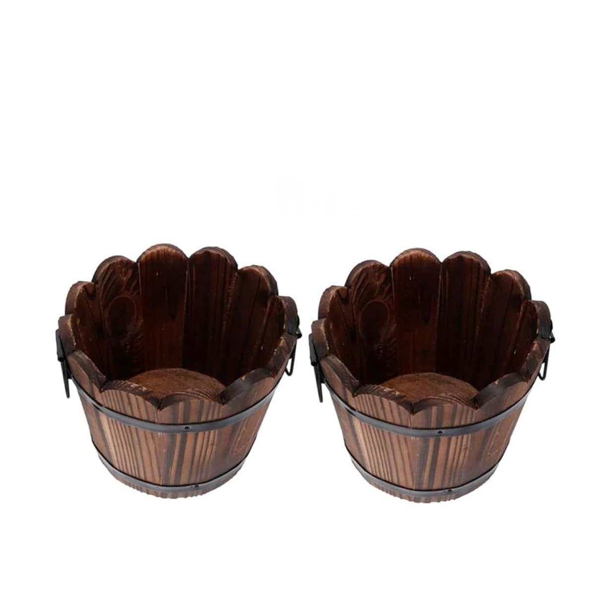 PACK2 MACETA DE MADERA NATURAL TIPO BARRIL CON BORDE ONDEADO MARRON Y+REGALO STICKER - 2