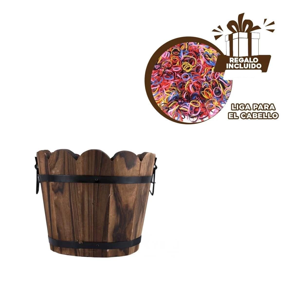 CONTENEDOR DE MADERA TIPO BARRIL CON BORDE ONDEADO PARA CASA MARRON Y+LIGAS REGALO - 2