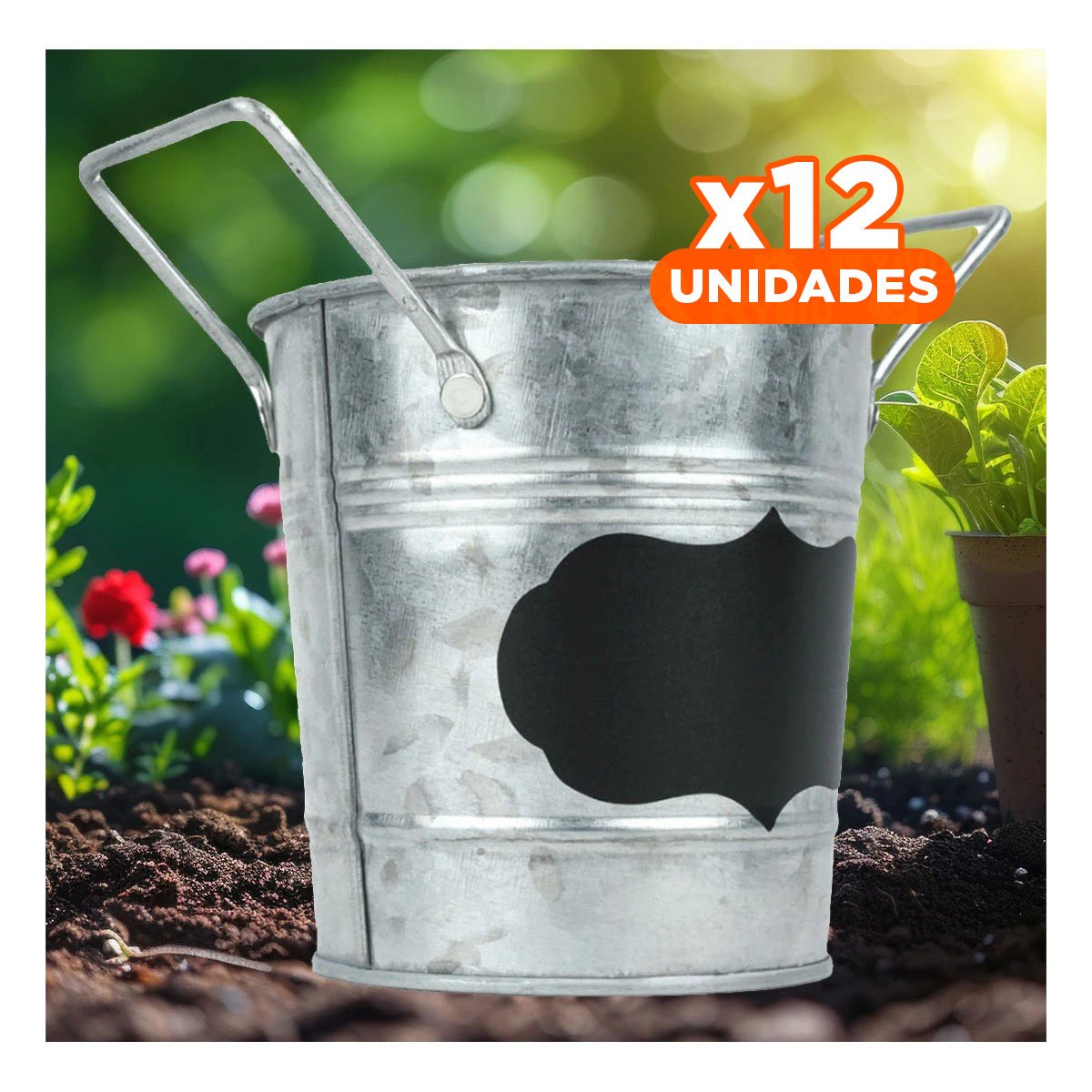 PACK12 CONTENEDOR CUBO DE METAL CON DOBLE AGARRADERA Y CUADRO PARA NOTA RUSTICO Y+PAPEL REGALO - 1