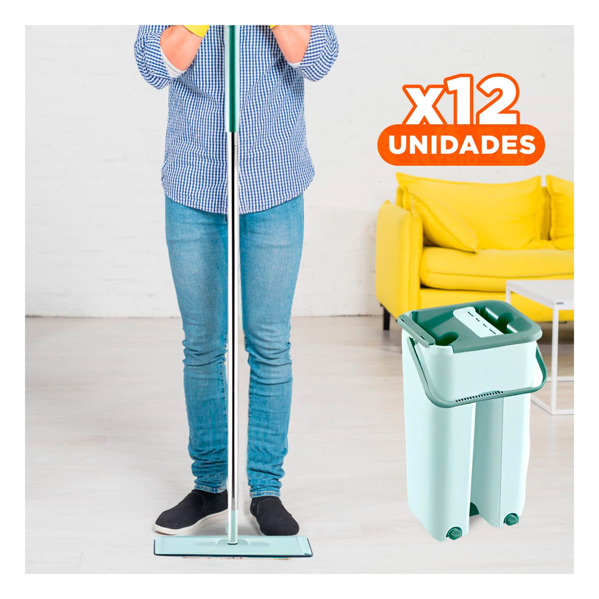 PACK12 TRAPEADOR GIRATORIO CON BALDE PARA LIMPIEZA DE HOGAR VERDE AGUA Y+REGALO STICKER - 1