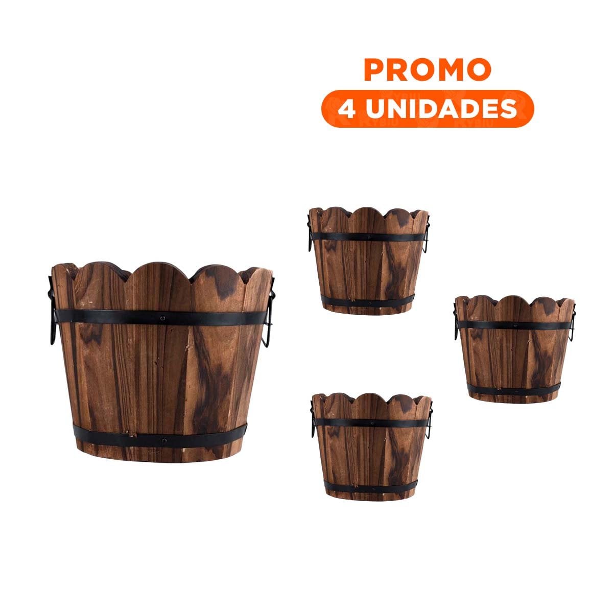 PACK4 JARDINERA DE MADERA NATURAL TIPO BARRIL CON BORDE ONDEADO MARRON - 1