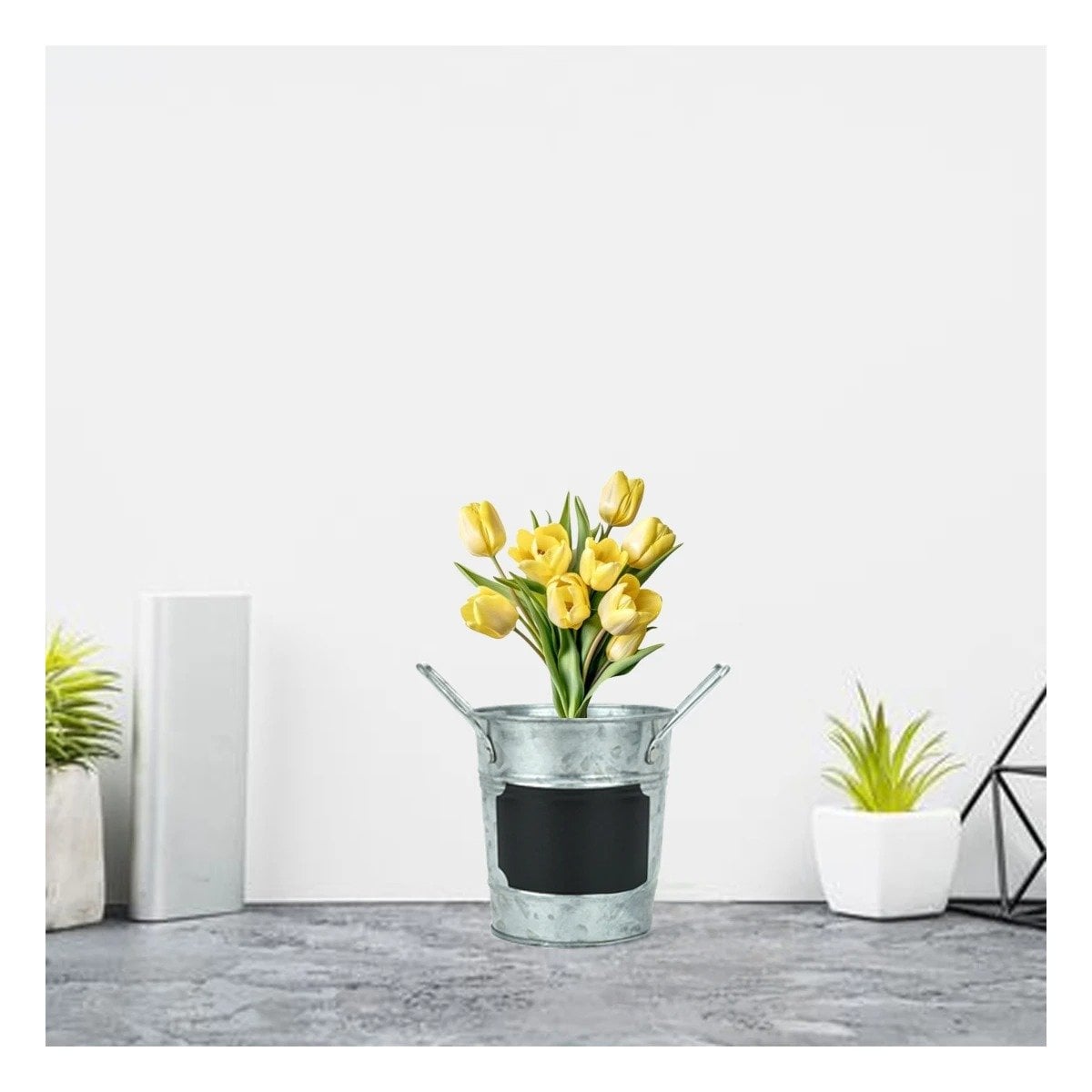 RECIPIENTE CUBO DE METAL CON DOBLE AGARRADERA Y CUADRO PARA NOTA PLATEADO Y+PAPEL REGALO - 2