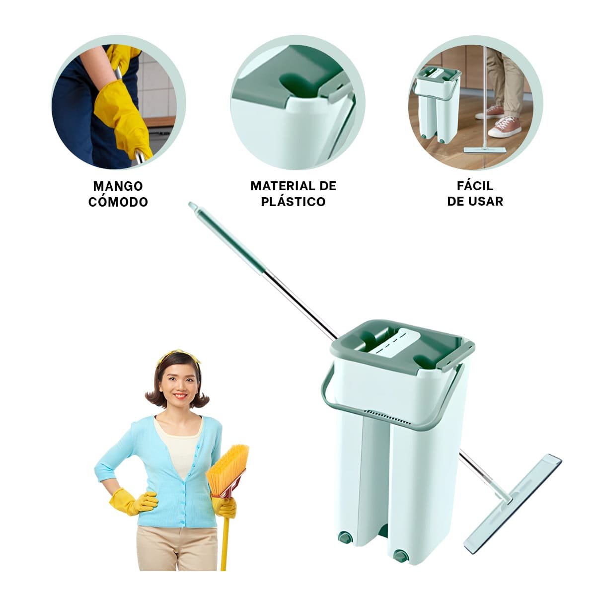 ESCOBA GIRATORIA CON BALDE CENTRIFUGADOR PARA LIMPIEZA DE HOGAR VERDE AGUA Y+POST IT - 5