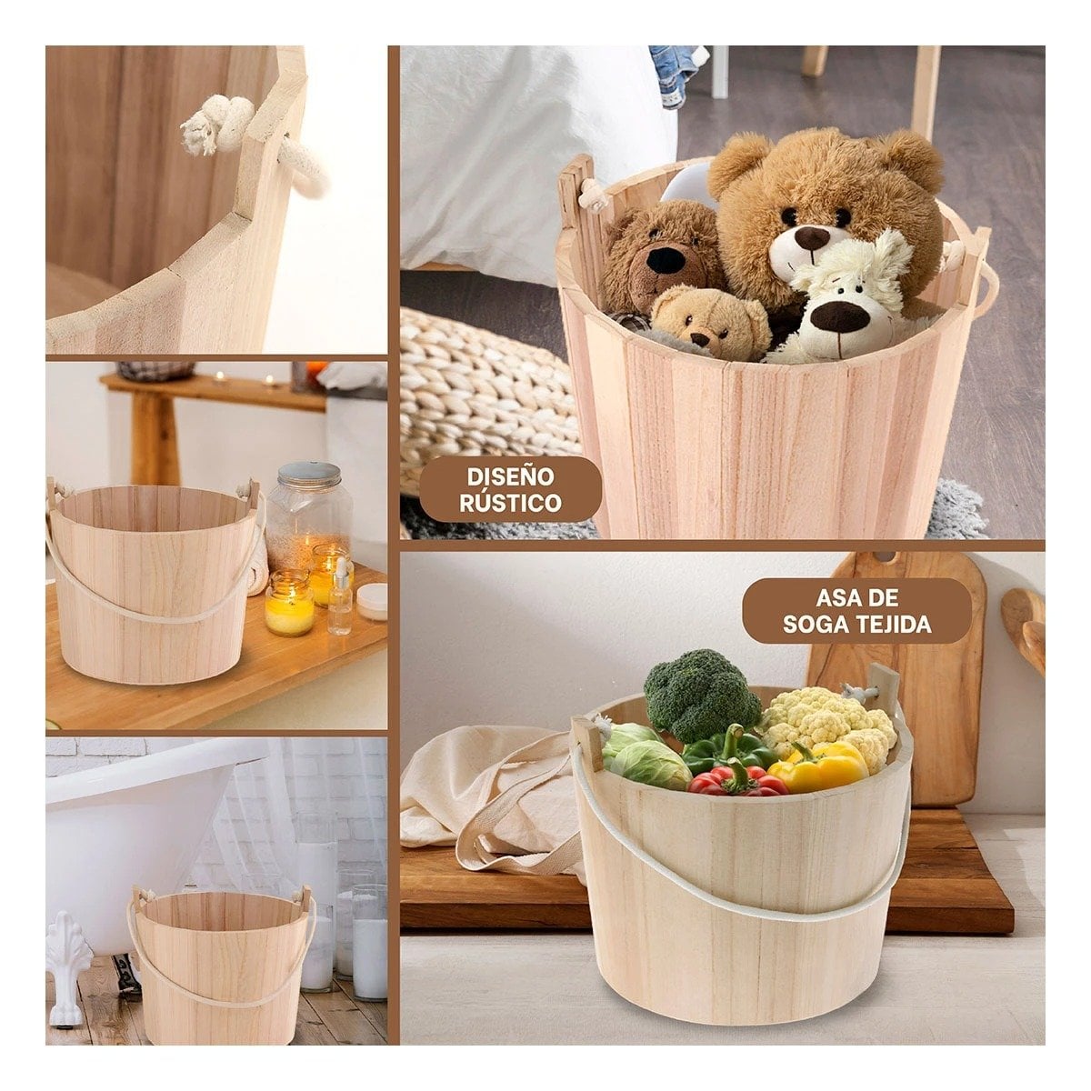 PACK2 BALDE DE MADERA CON AGARRADERA DE CUERDA 20X18CM PARA DETALLES EN TERRAZAS Y+PAPEL REGALO - 3