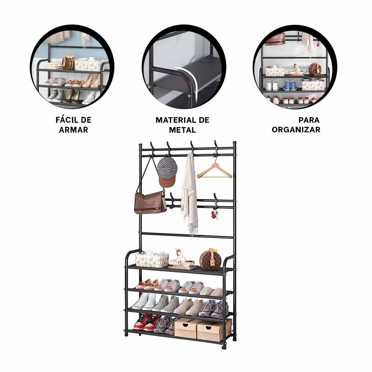 MUEBLE ZAPATERA CON PERCHEROS CURVOS NEGRO PARA ENTRADA DORMITORIO O SALA Y+PAPEL REGALO - 5