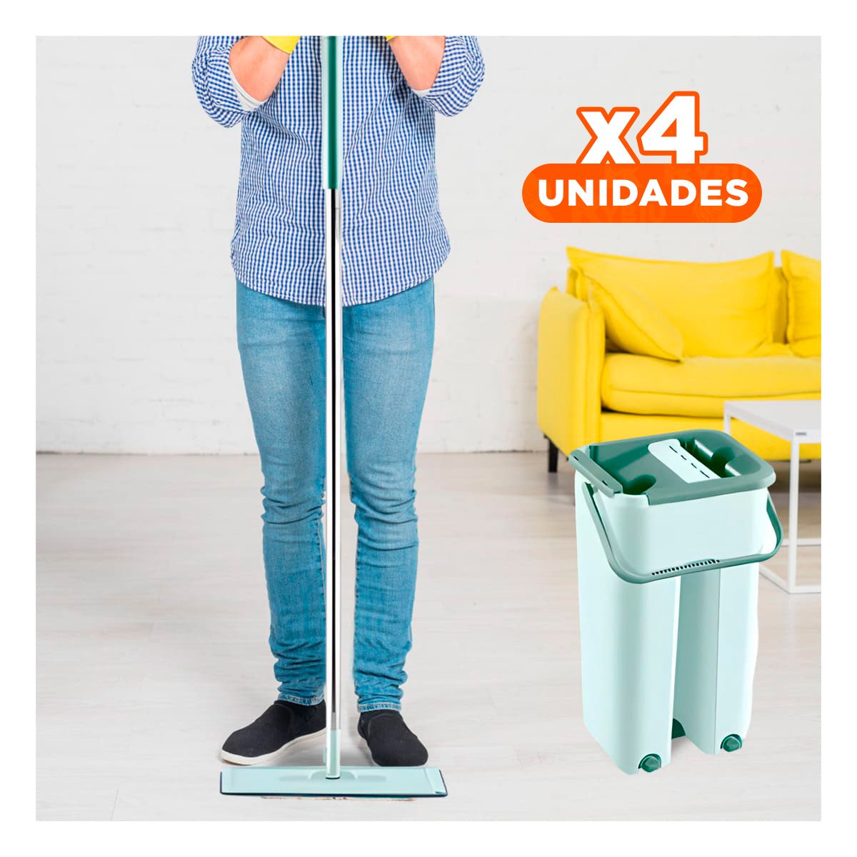 PACK4 MOPA GIRATORIA CON BALDE PARA LIMPIEZA CONTINUA DE PISOS VERDE AGUA Y+REGALO STICKER - 1