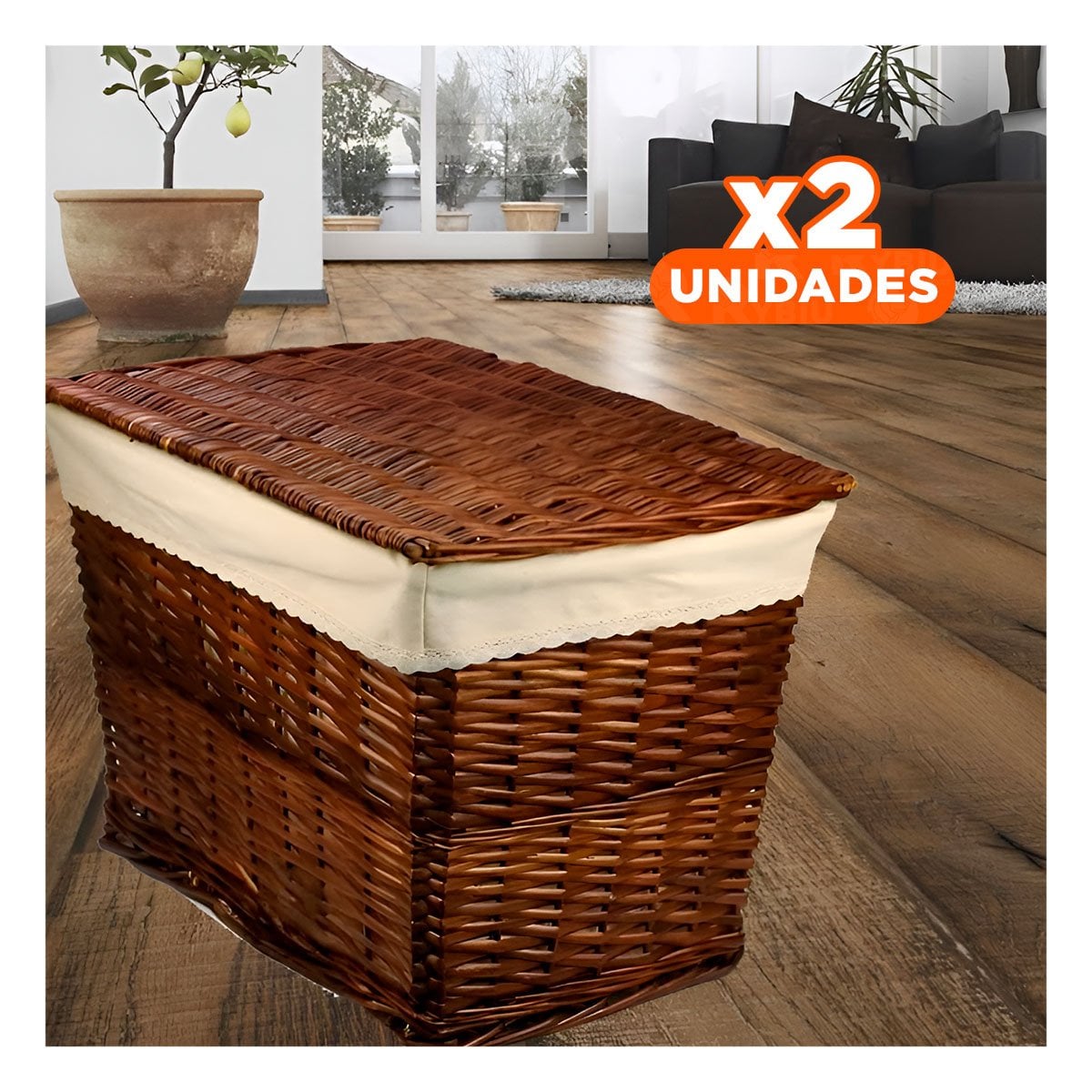 PACK2 CESTO DECORATIVO DE MIMBRE RECTANGULAR CON FORRO INTERIOR Y TAPA MARRON Y+PAPEL REGALO - 1