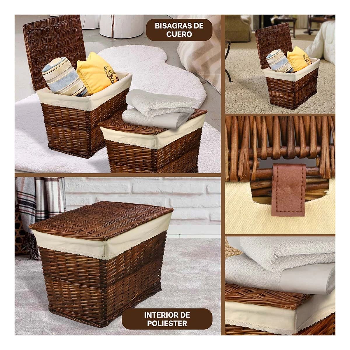 PACK2 CESTO DECORATIVO DE MIMBRE RECTANGULAR CON FORRO INTERIOR Y TAPA MARRON Y+PAPEL REGALO - 3