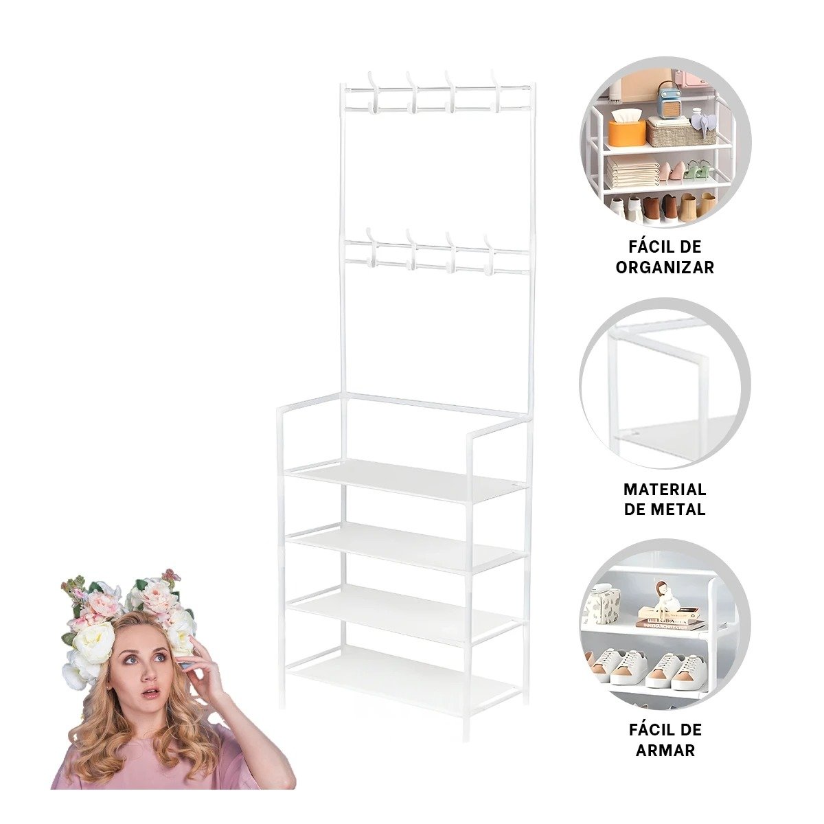 MODULO ORGANIZADOR CON PERCHEROS RECTO BLANCO PARA ZAPATOS EN DORMITORIO Y+POST IT - 5