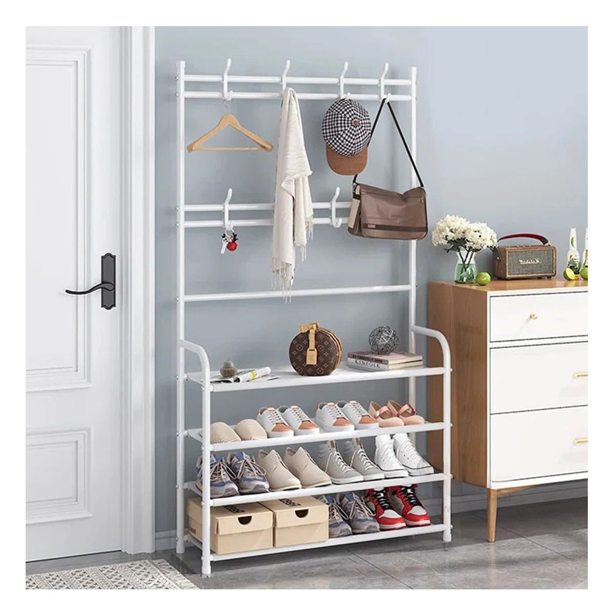 SOPORTE PARA CALZADO CON PERCHEROS CURVOS BLANCO PARA ESPACIOS DEL HOGAR Y+POST IT - 1