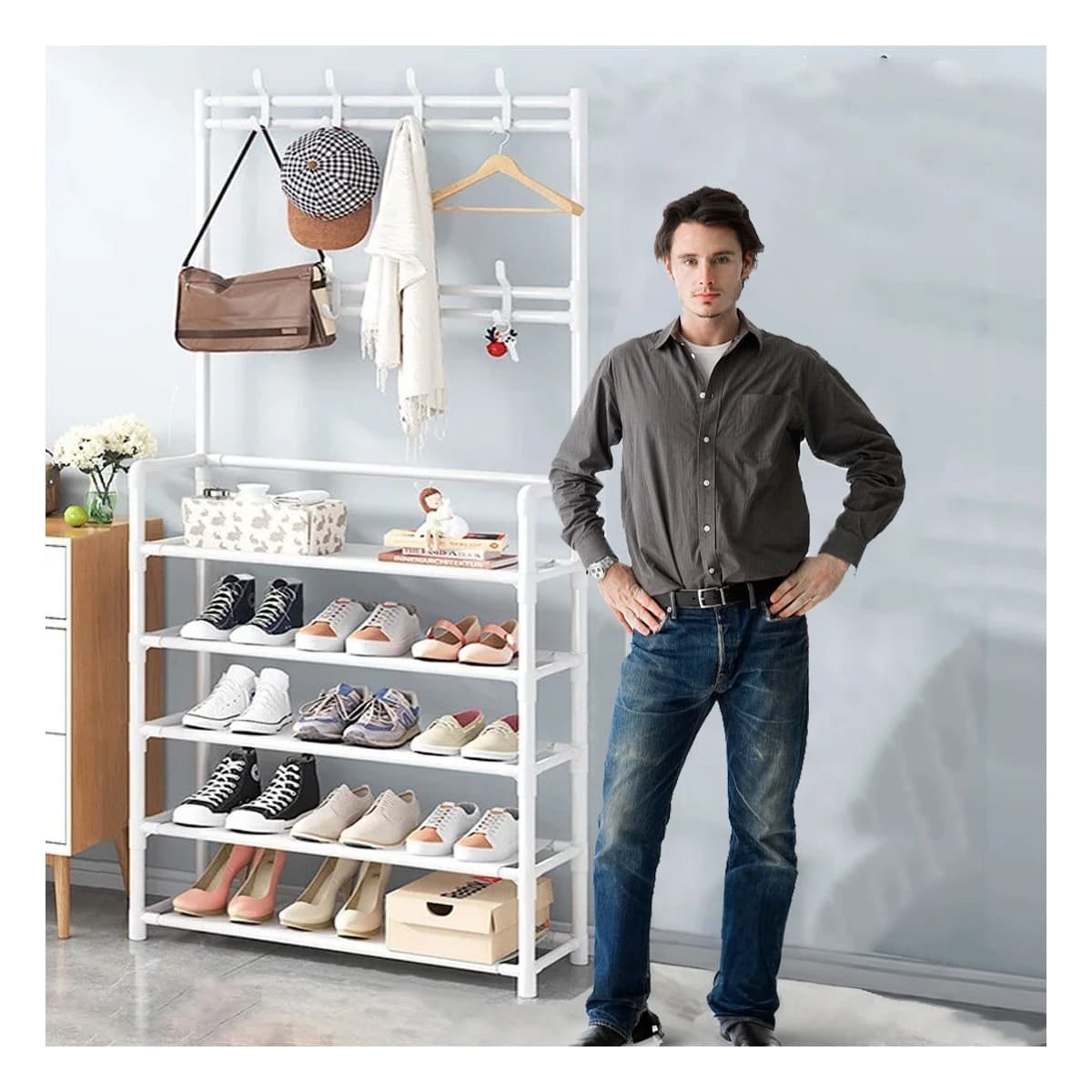 ESTANTE ZAPATERO ORGANIZADOR CON PERCHEROS DISENO RECTO BLANCO PARA CASA Y+PAPEL REGALO - 1