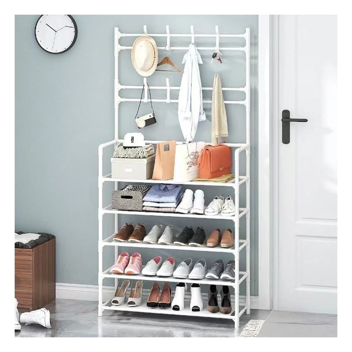 ESTANTE ZAPATERO ORGANIZADOR CON PERCHEROS DISENO RECTO BLANCO PARA CASA Y+PAPEL REGALO - 2