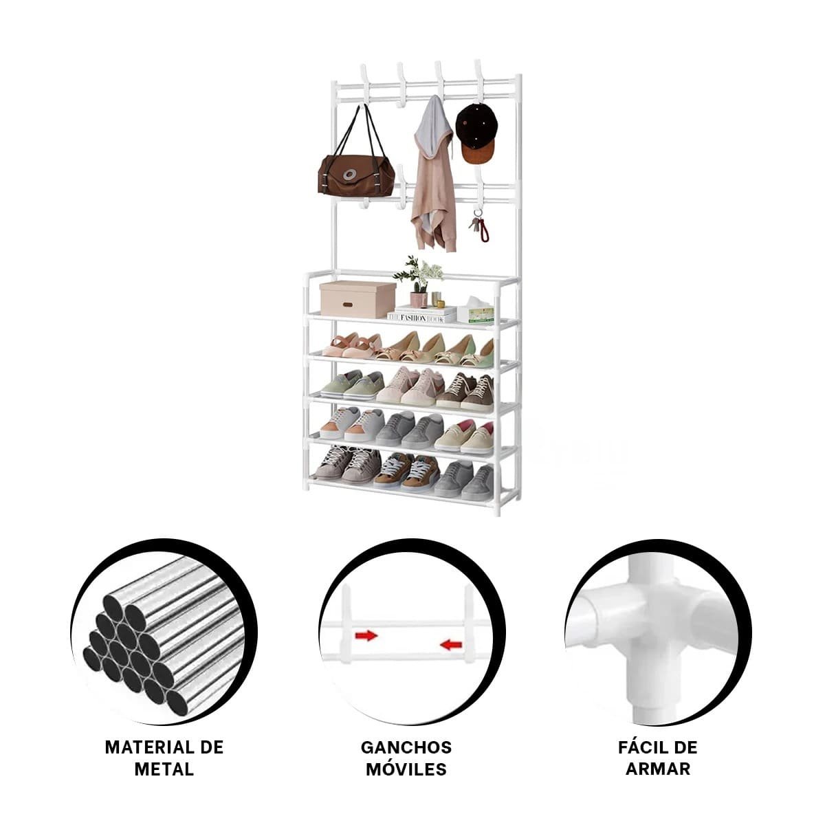 ESTANTE ZAPATERO ORGANIZADOR CON PERCHEROS DISENO RECTO BLANCO PARA CASA Y+PAPEL REGALO - 5