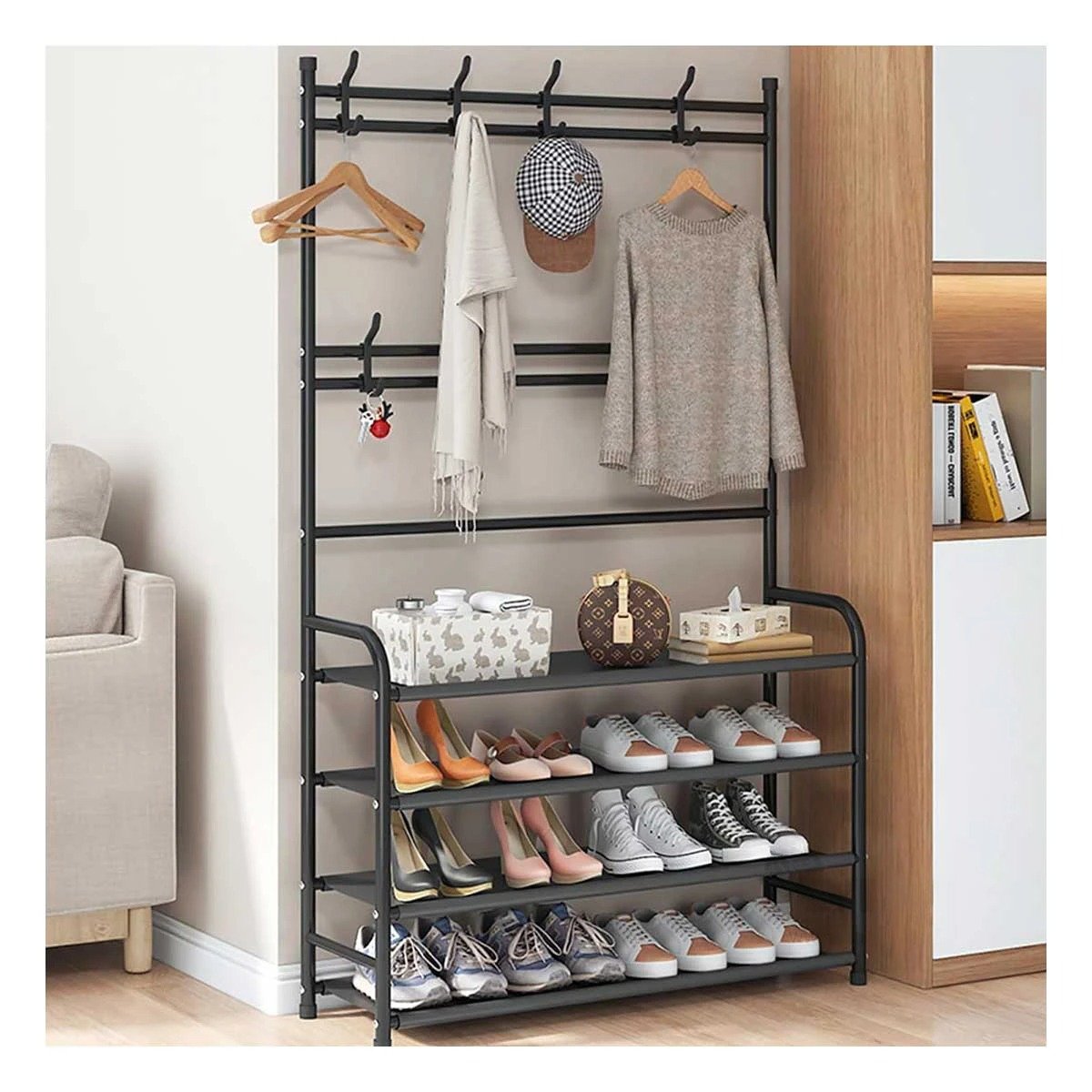 SOPORTE ZAPATERA ORGANIZADORA CON PERCHEROS CURVOS NEGRO PARA EL HOGAR Y+POST IT - 1