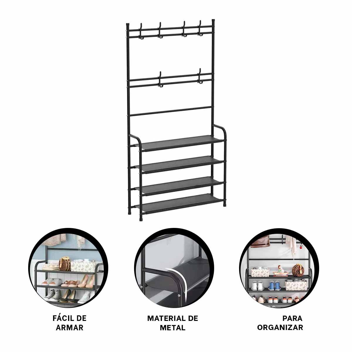SOPORTE ZAPATERA ORGANIZADORA CON PERCHEROS CURVOS NEGRO PARA EL HOGAR Y+POST IT - 5