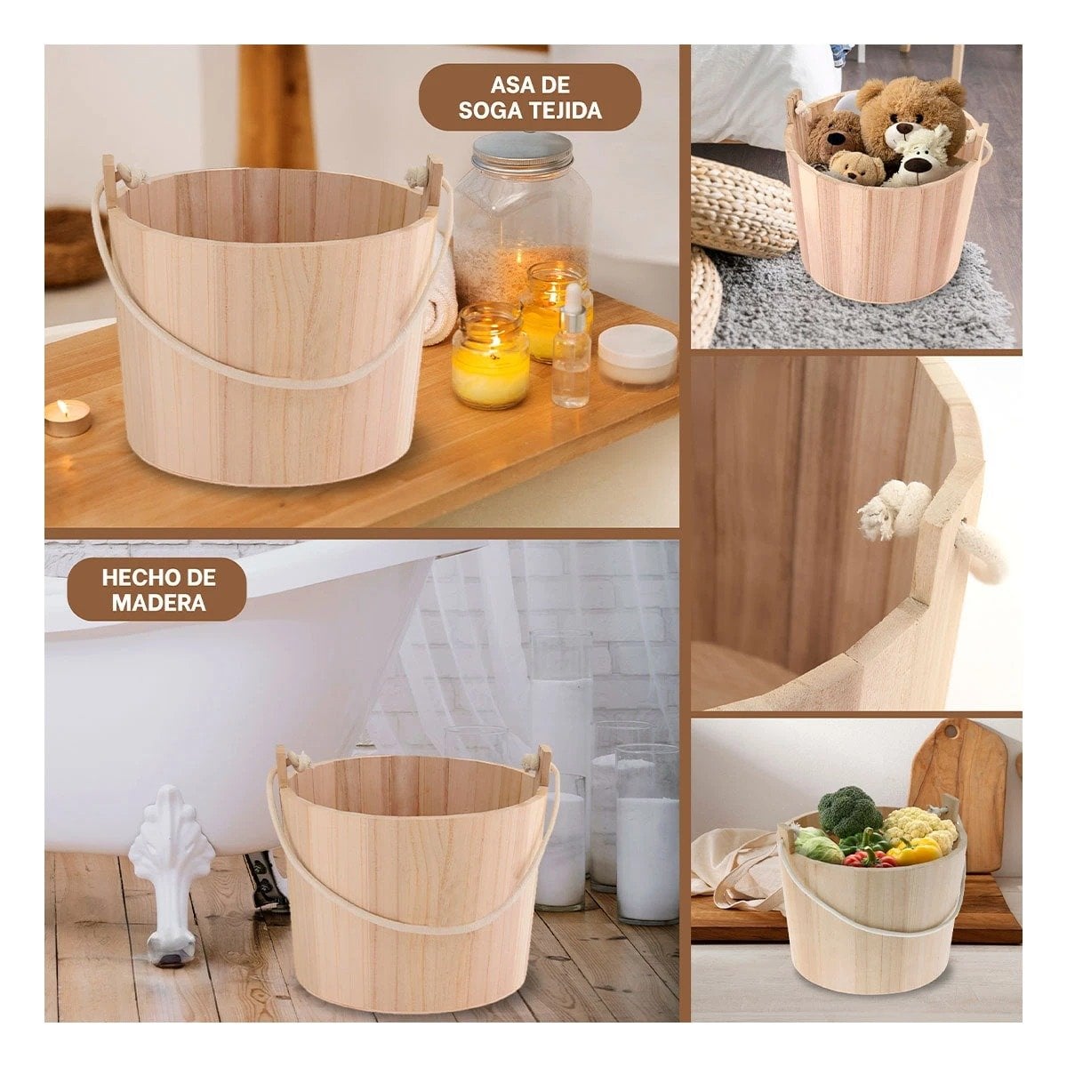 CUBO DE MADERA CON AGARRADERA DE CUERDA 20X18CM PARA ORGANIZAR EL HOGAR Y+PAPEL REGALO - 3