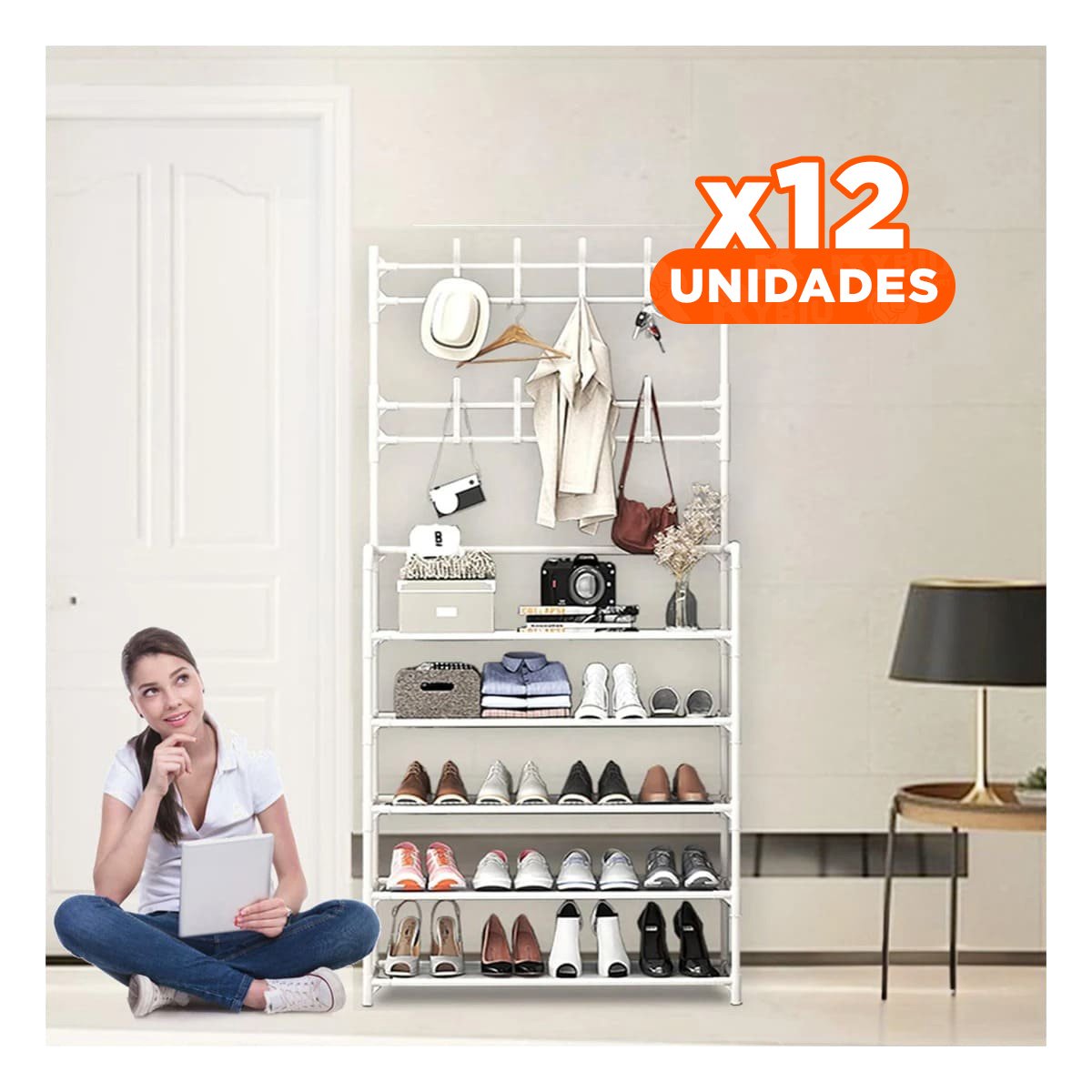 PACK12 SOPORTE RECTO ZAPATERO CON PERCHEROS BLANCO PARA ORDEN DIARIO EN CASA Y+PAPEL REGALO - 1