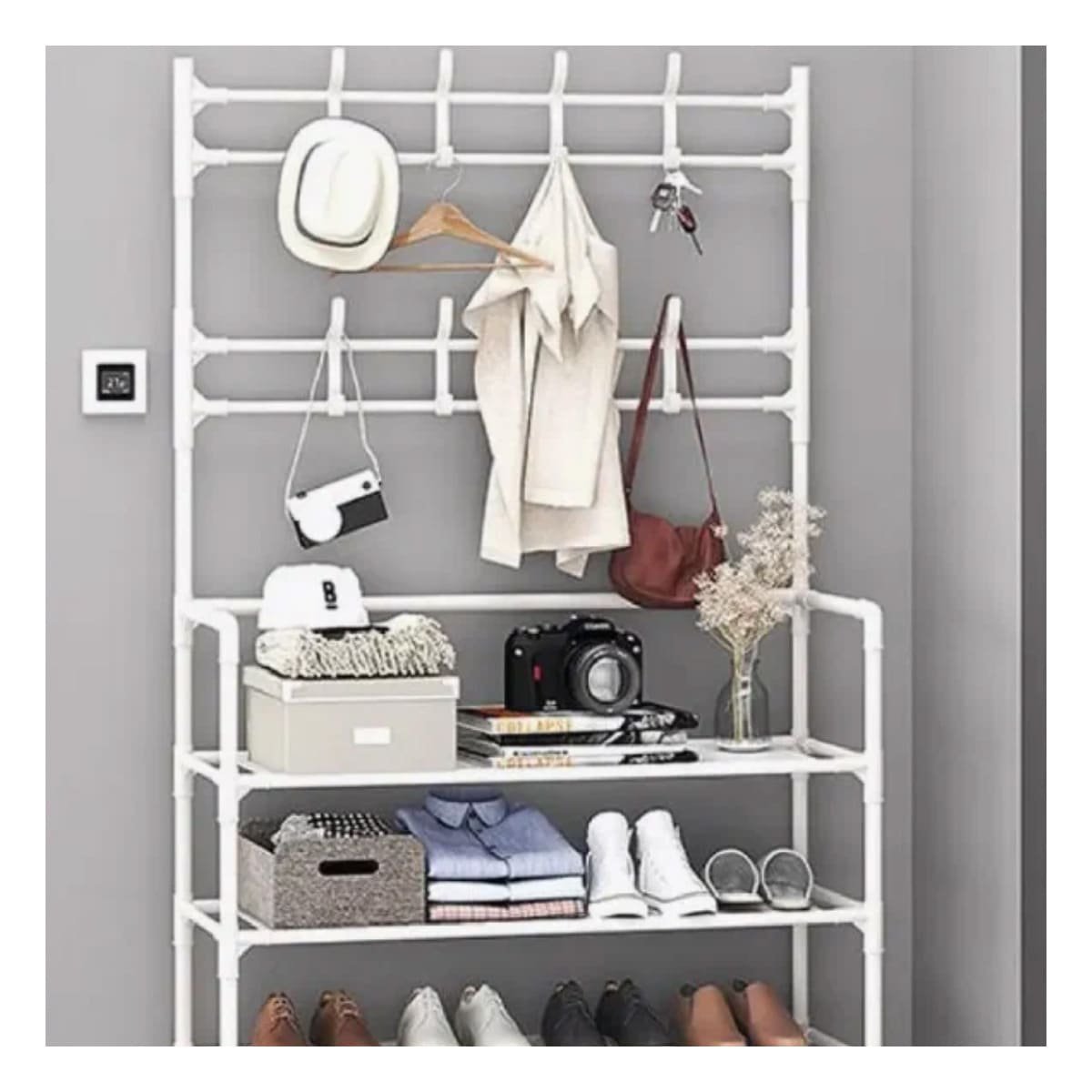 PACK12 SOPORTE RECTO ZAPATERO CON PERCHEROS BLANCO PARA ORDEN DIARIO EN CASA Y+PAPEL REGALO - 3